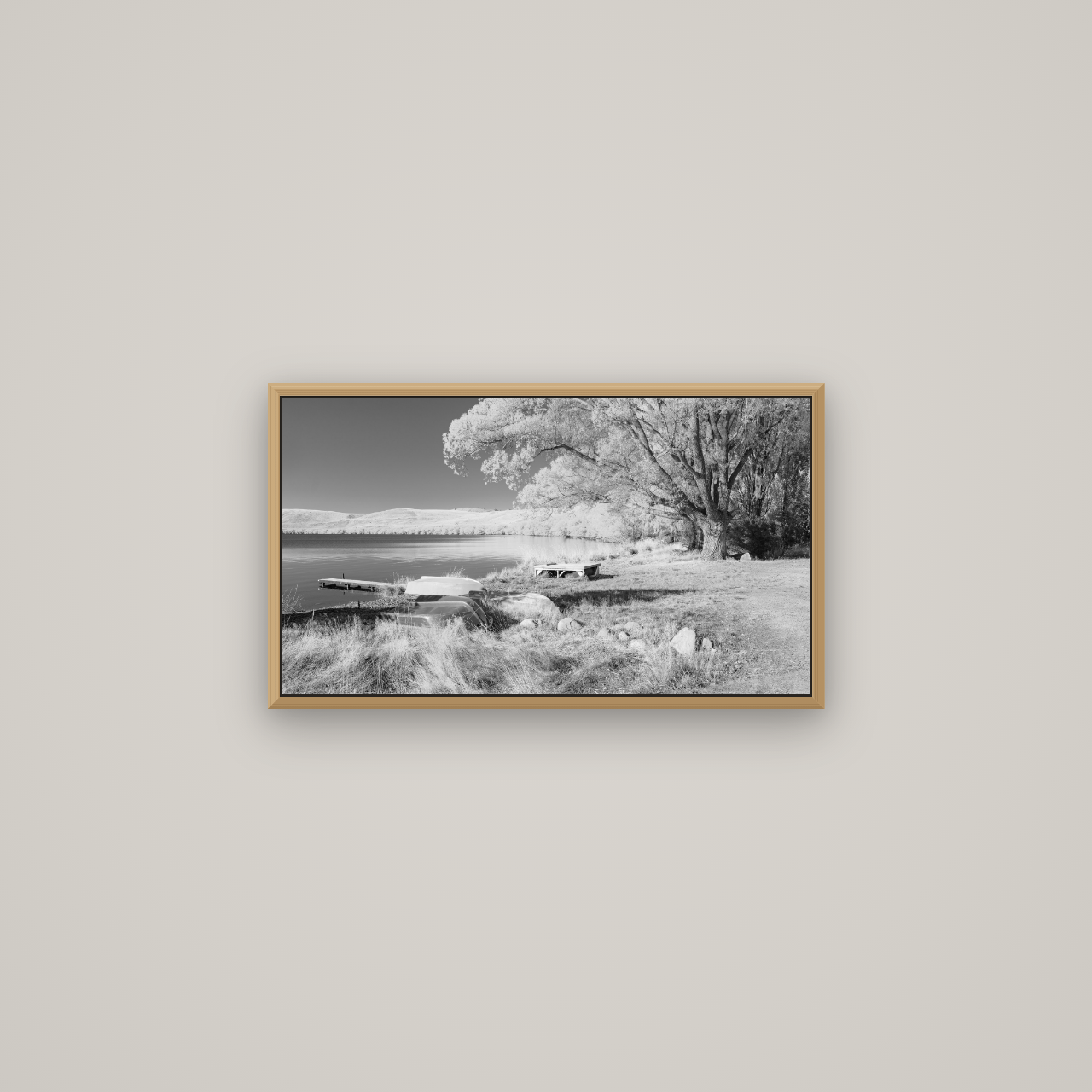Beneath the Willows, Lake Alexandrina, Basel Natural Oak, 64×36 cm. New Zealand fine art wall art by Stephen Milner.