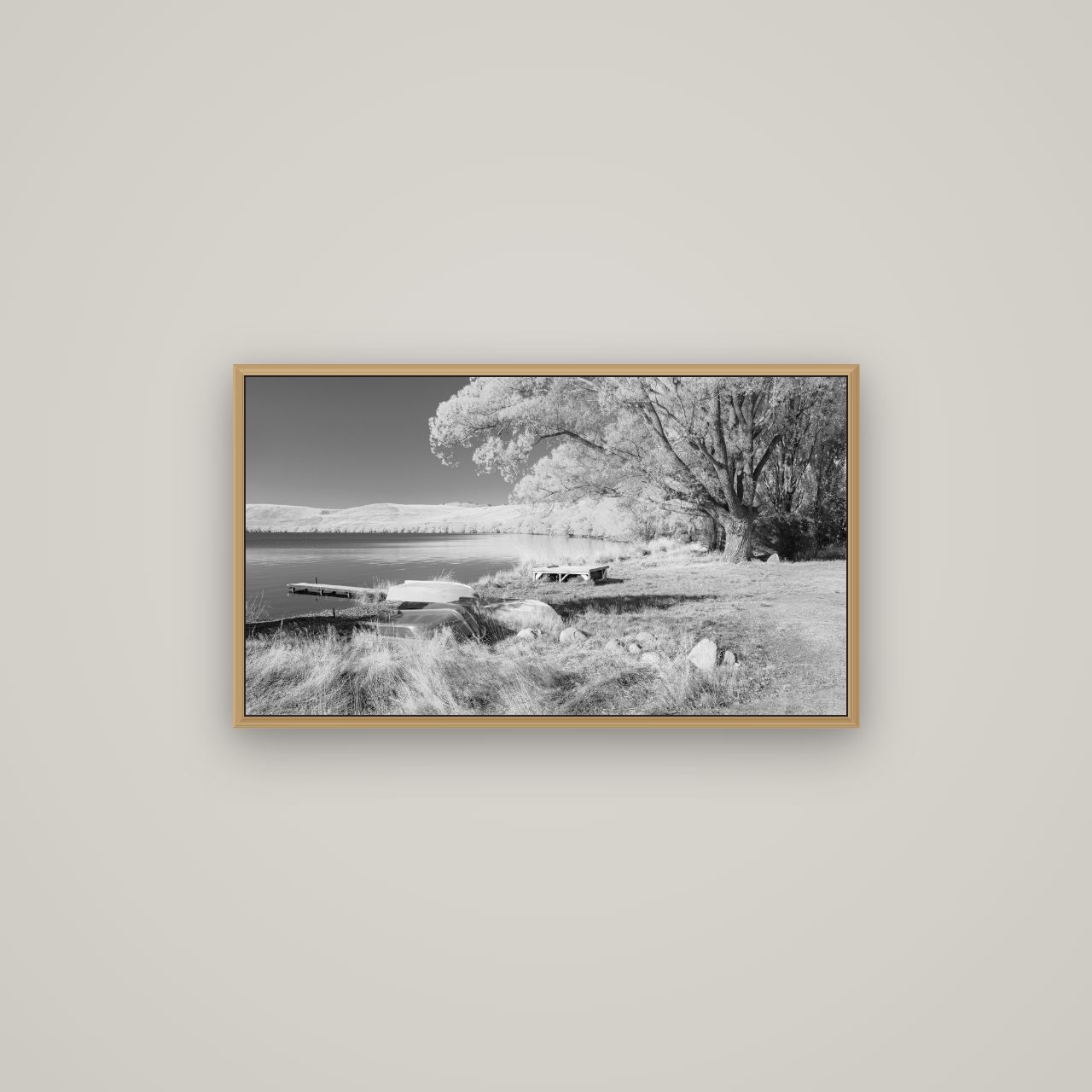 Beneath the Willows, Lake Alexandrina, Basel Natural Oak, 80×45 cm. New Zealand fine art wall art by Stephen Milner.