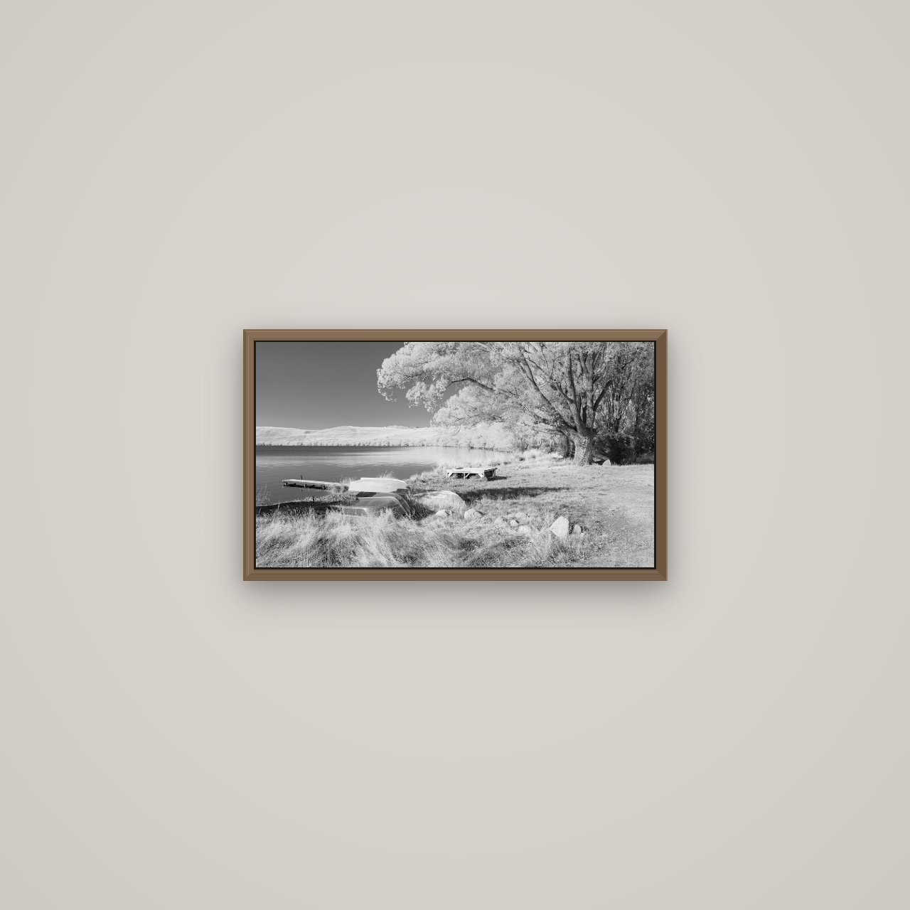 Beneath the Willows, Lake Alexandrina, Basel Walnut, 53×30 cm. New Zealand fine art wall art by Stephen Milner.