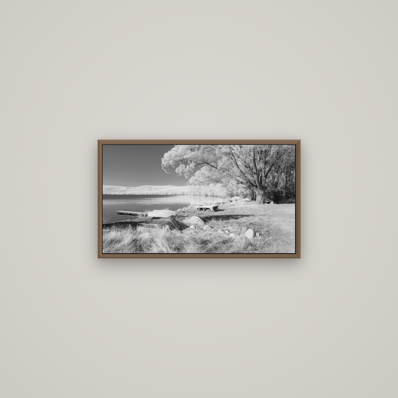 Beneath the Willows, Lake Alexandrina, Basel Walnut, 64×36 cm. New Zealand fine art wall art by Stephen Milner.