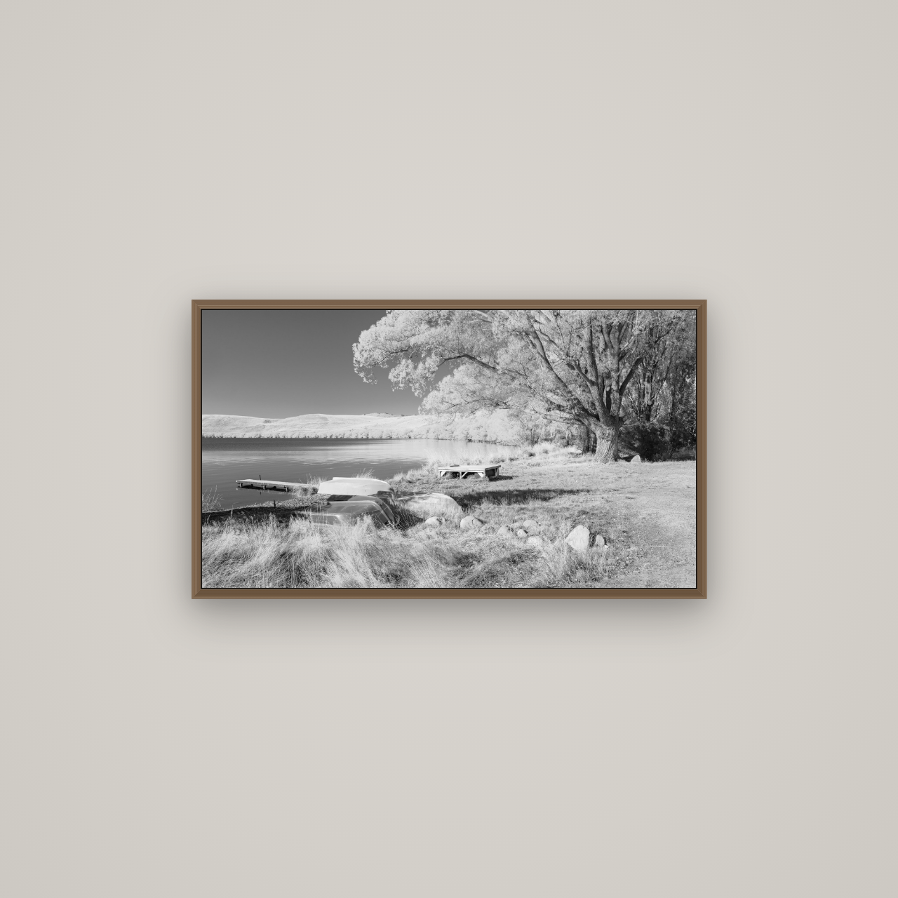 Beneath the Willows, Lake Alexandrina, Basel Walnut, 80×45 cm. New Zealand fine art wall art by Stephen Milner.