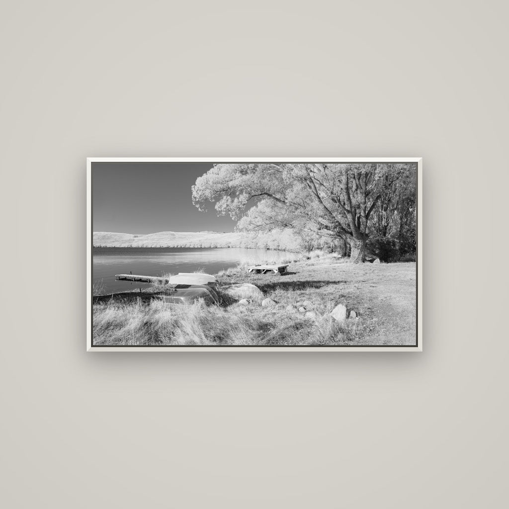 Beneath the Willows, Lake Alexandrina — Basel White, 107×60 cm. New Zealand fine art wall art by Stephen Milner.