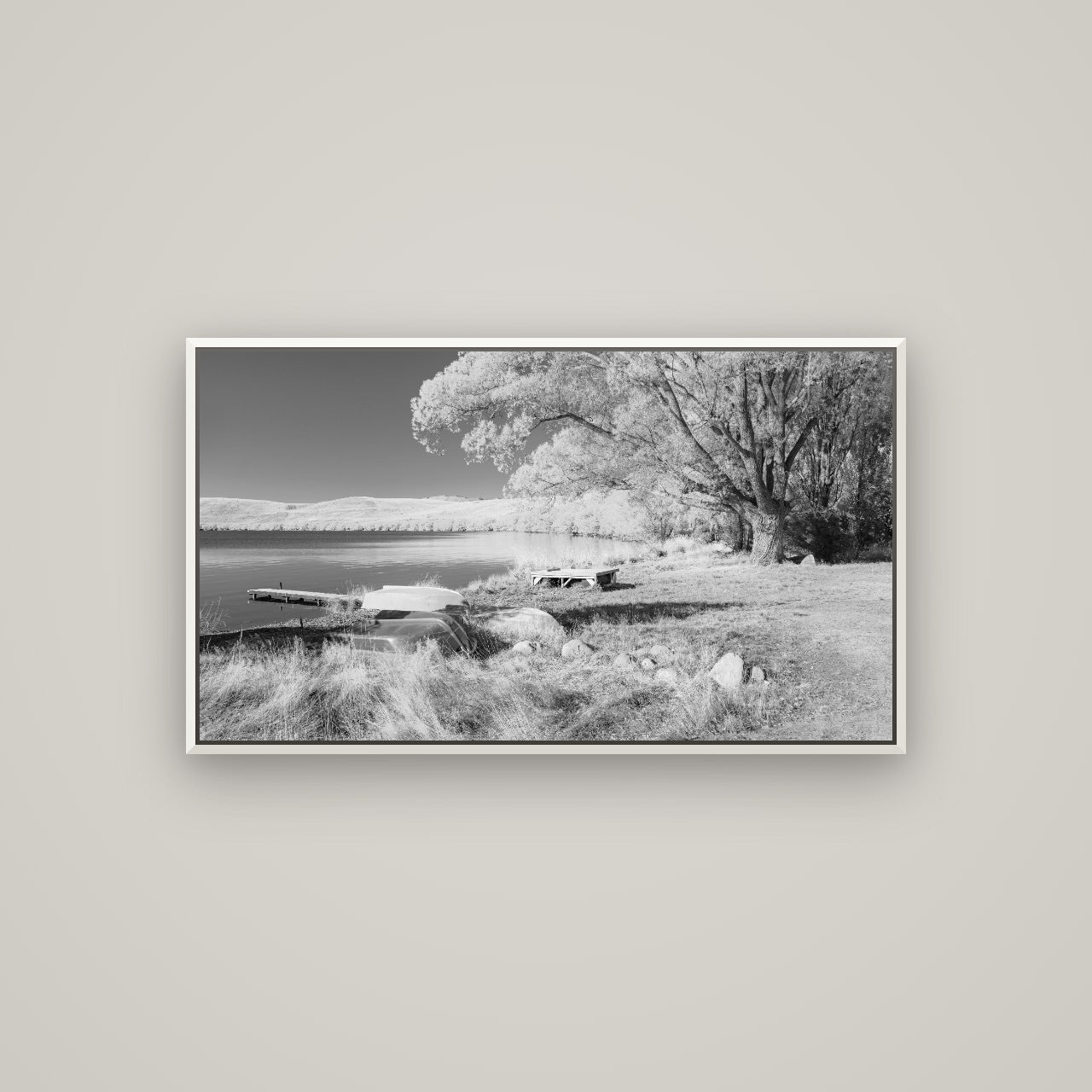 Beneath the Willows, Lake Alexandrina — Basel White, 107×60 cm. New Zealand fine art wall art by Stephen Milner.