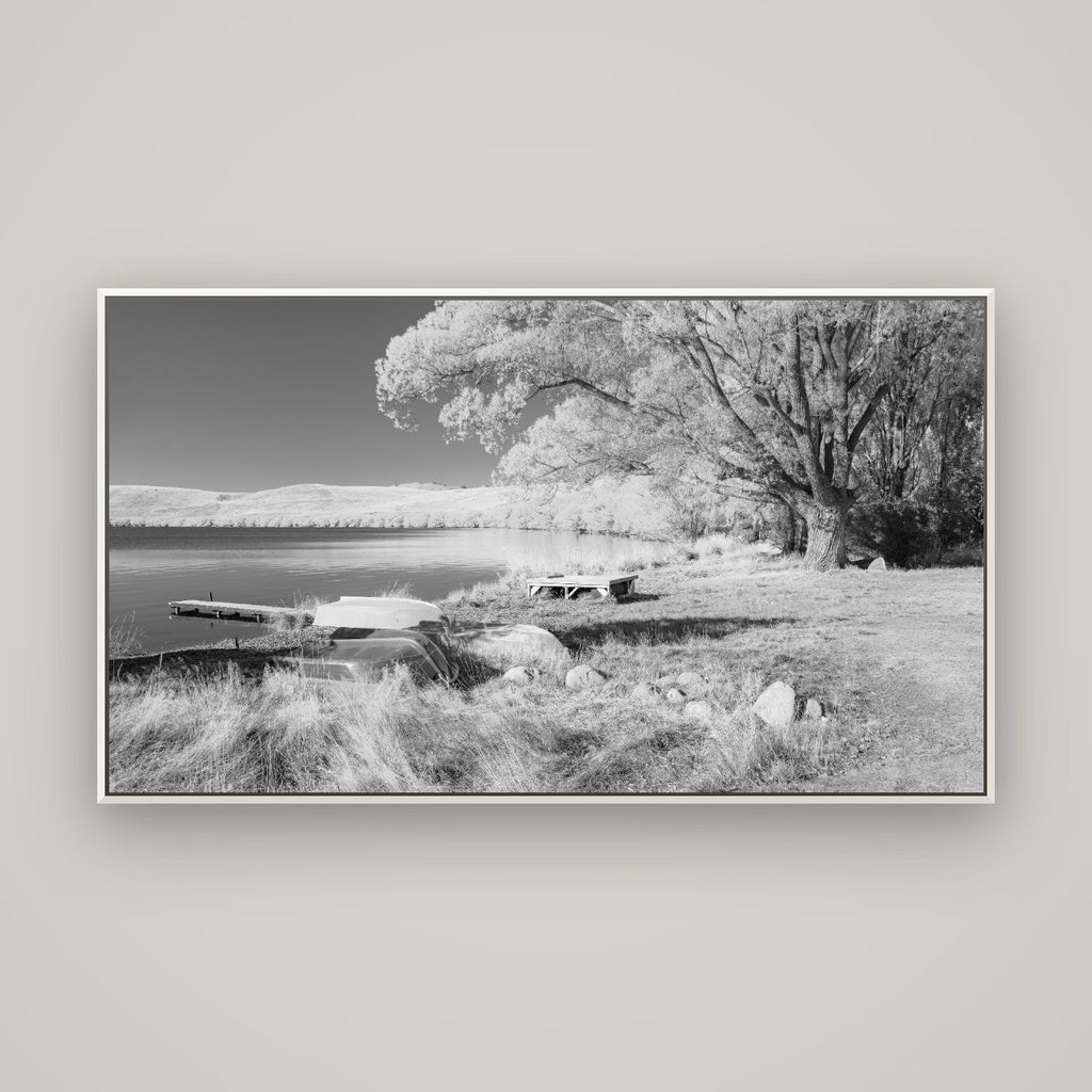Beneath the Willows, Lake Alexandrina — Basel White, 160×90 cm. New Zealand fine art wall art by Stephen Milner.