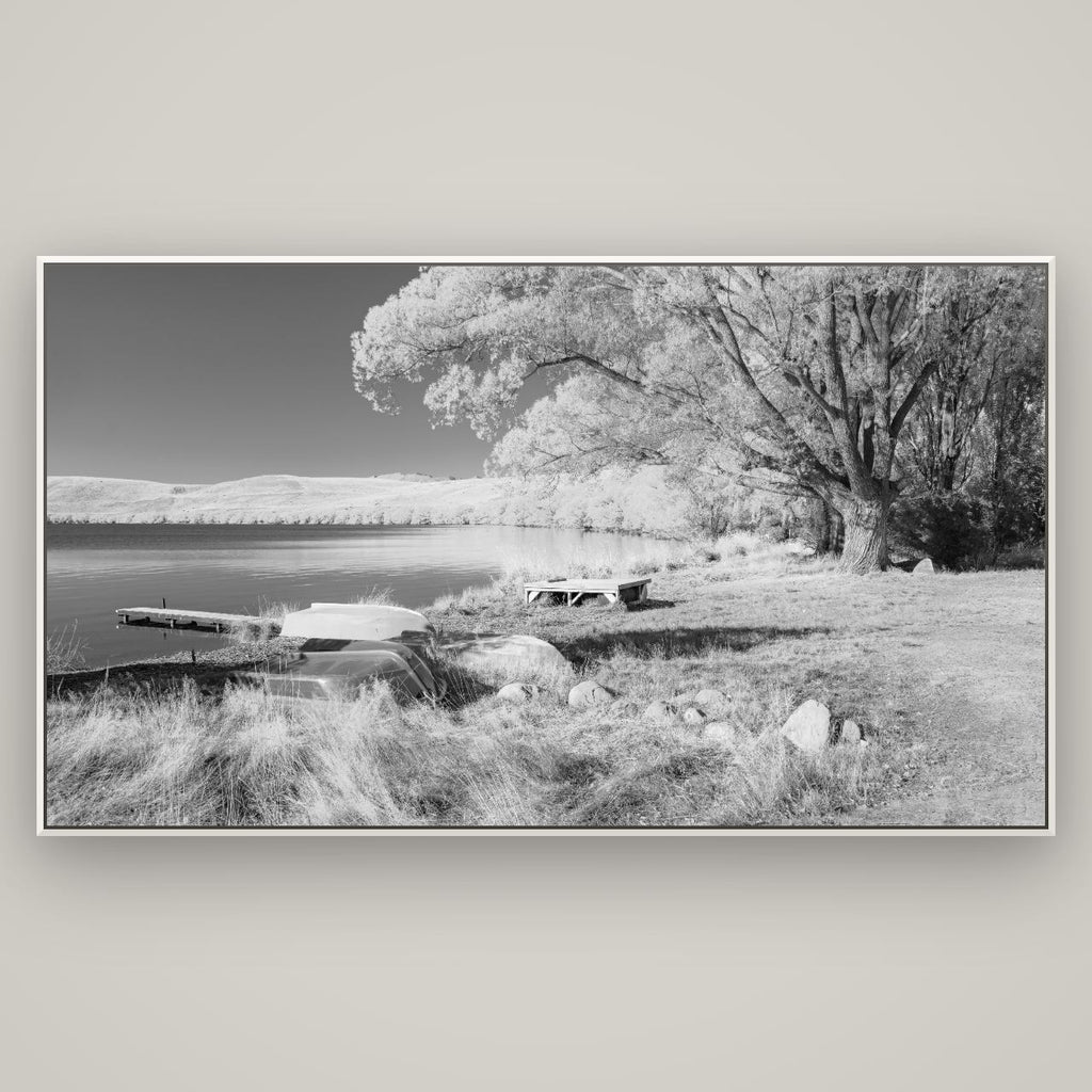 Beneath the Willows, Lake Alexandrina — Basel White, 196×110 cm. New Zealand fine art wall art by Stephen Milner.