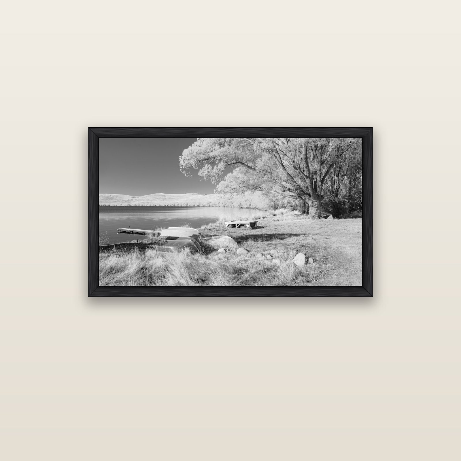 Beneath the Willows, Lake Alexandrina — black float frame canvas, 102 × 56 cm. New Zealand fine art landscape wall art by Stephen Milner.