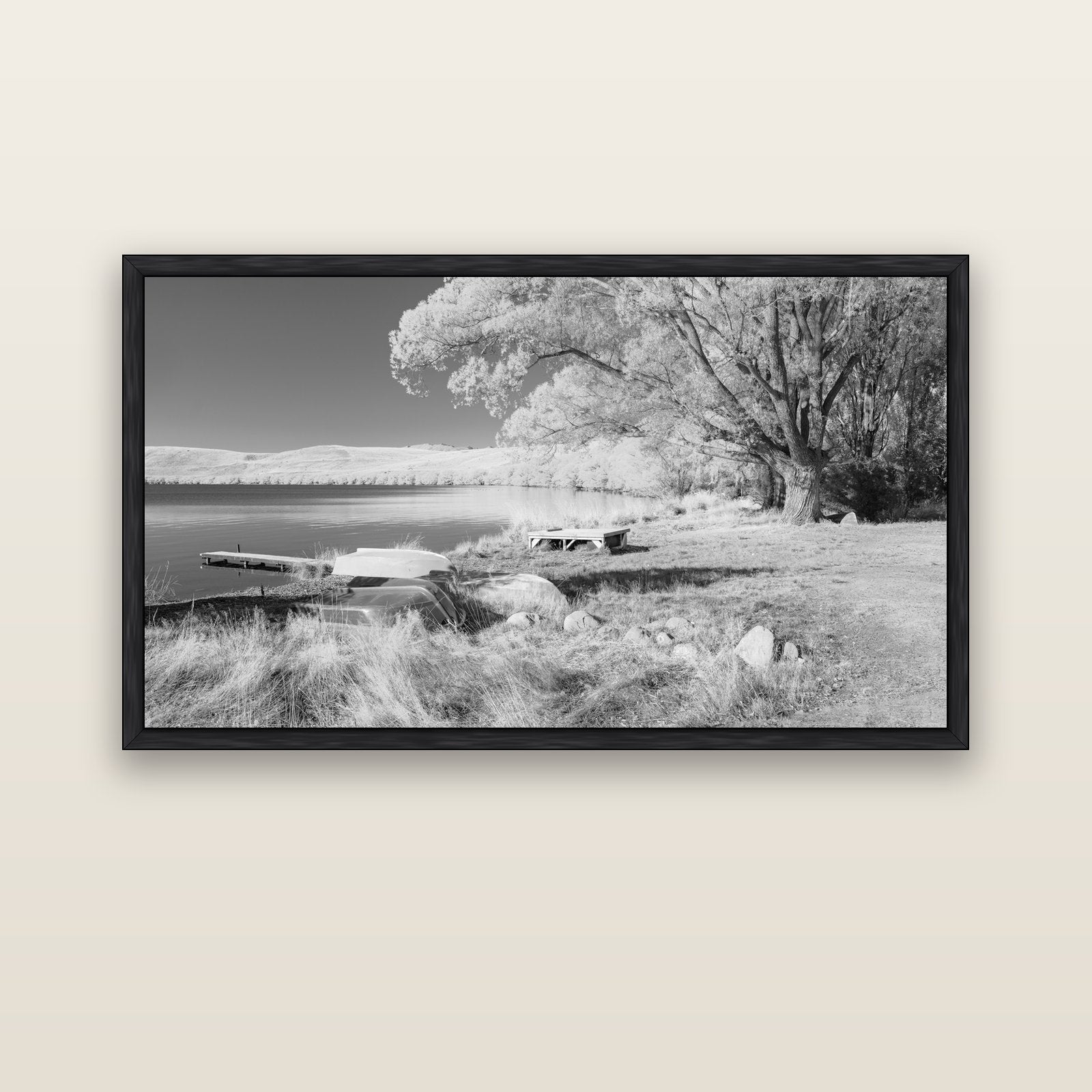 Beneath the Willows, Lake Alexandrina — black float frame canvas, 152 × 86 cm. New Zealand fine art landscape wall art by Stephen Milner.