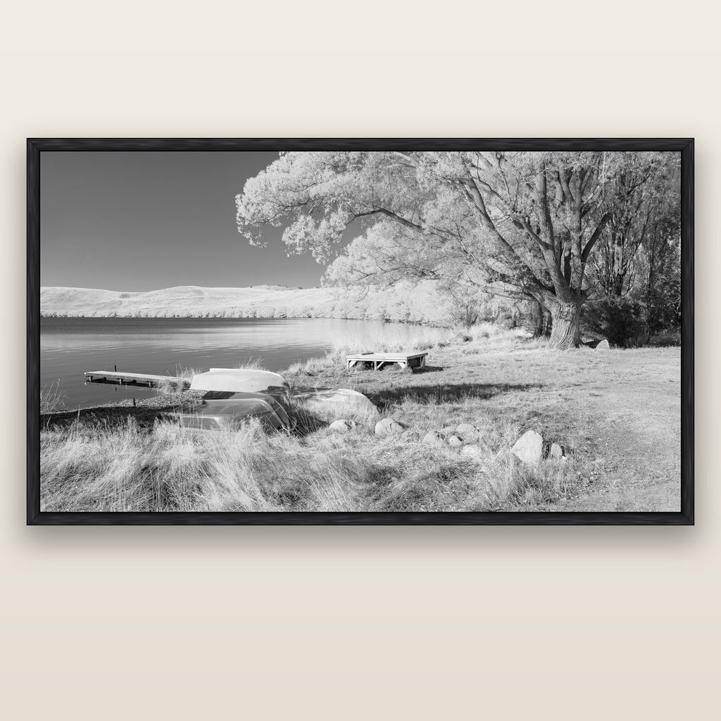 Beneath the Willows, Lake Alexandrina — black float frame canvas, 200 × 130 cm. New Zealand fine art landscape wall art by Stephen Milner.