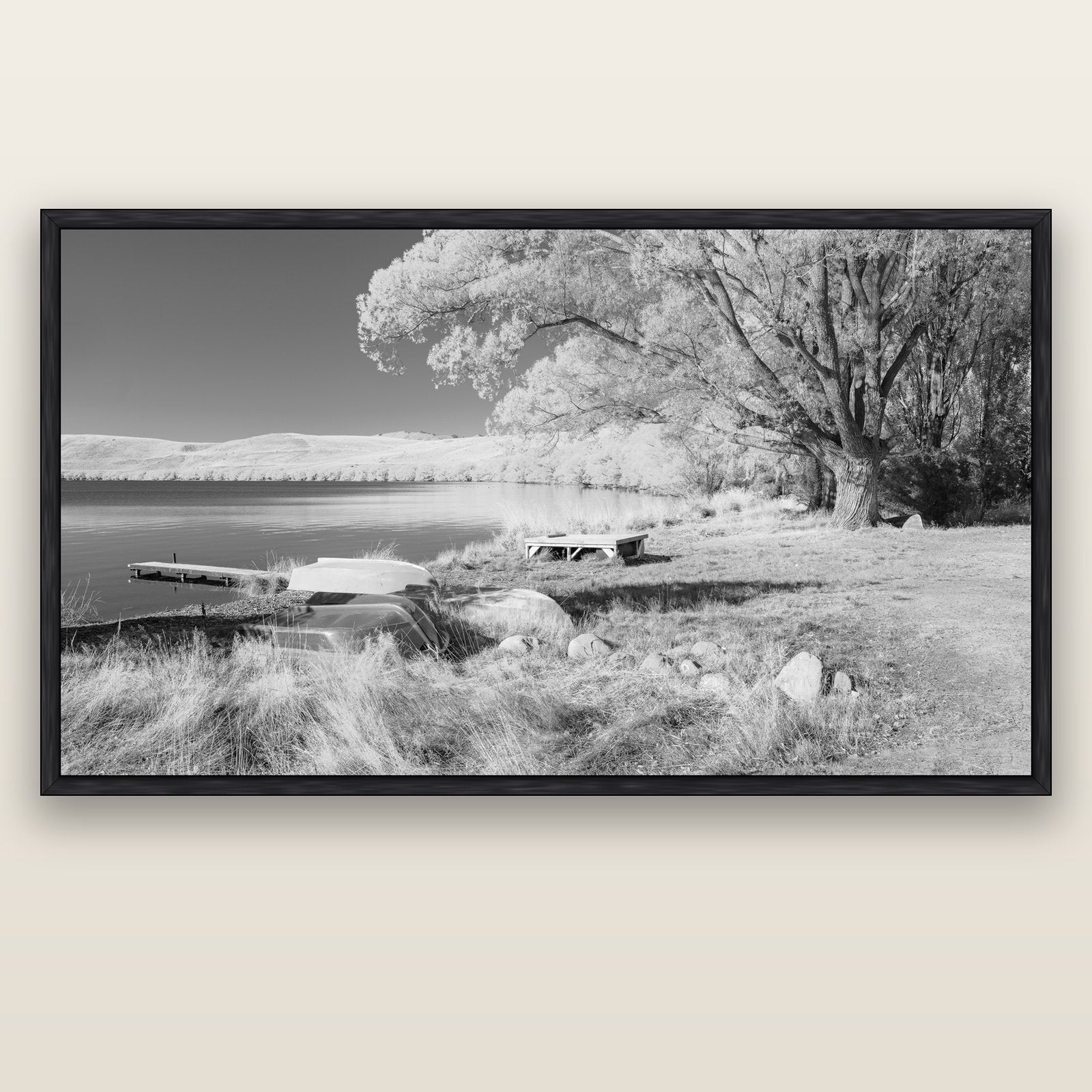 Beneath the Willows, Lake Alexandrina — black float frame canvas, 200 × 130 cm. New Zealand fine art landscape wall art by Stephen Milner.