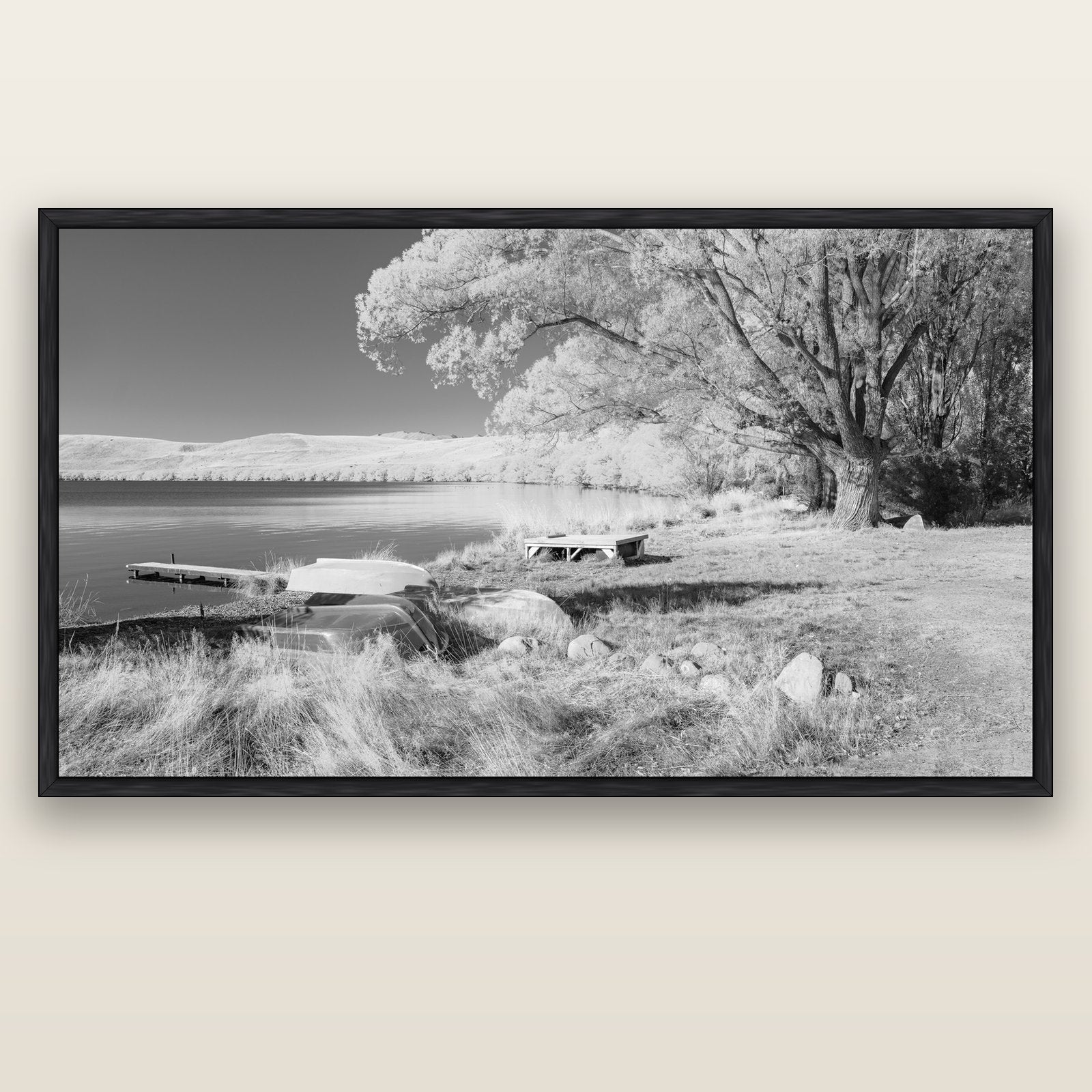 Beneath the Willows, Lake Alexandrina — black float frame canvas, 201 × 99 cm. New Zealand fine art landscape wall art by Stephen Milner.