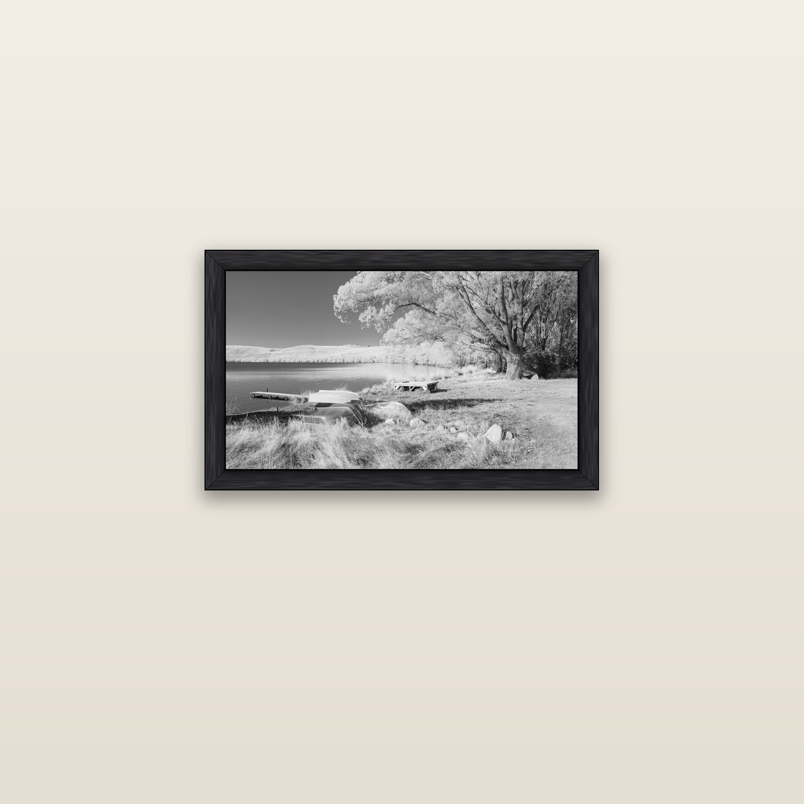 Beneath the Willows, Lake Alexandrina — black float frame canvas, 61 × 36 cm. New Zealand fine art landscape wall art by Stephen Milner.