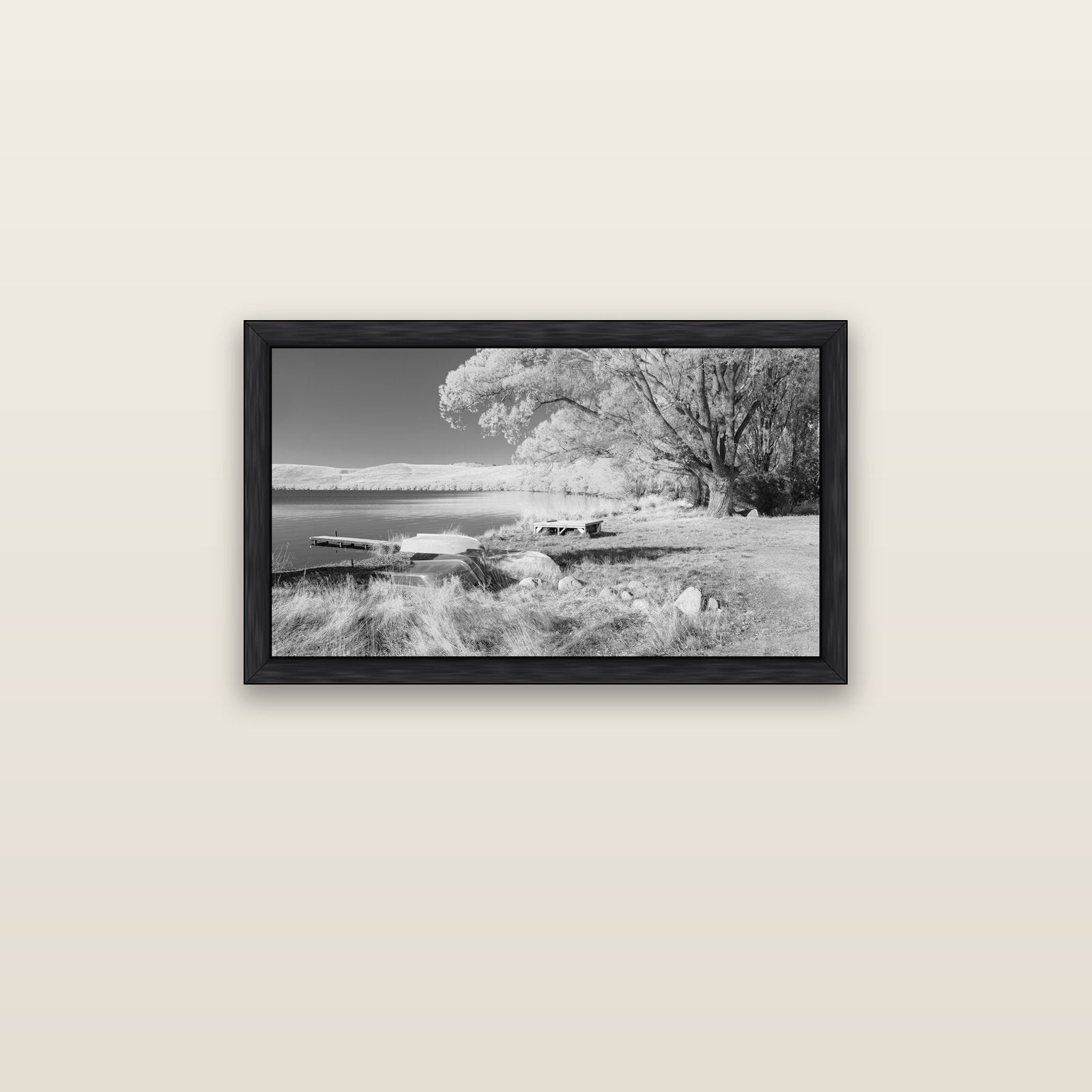 Beneath the Willows, Lake Alexandrina — black float frame canvas, 81 × 46 cm. New Zealand fine art landscape wall art by Stephen Milner.