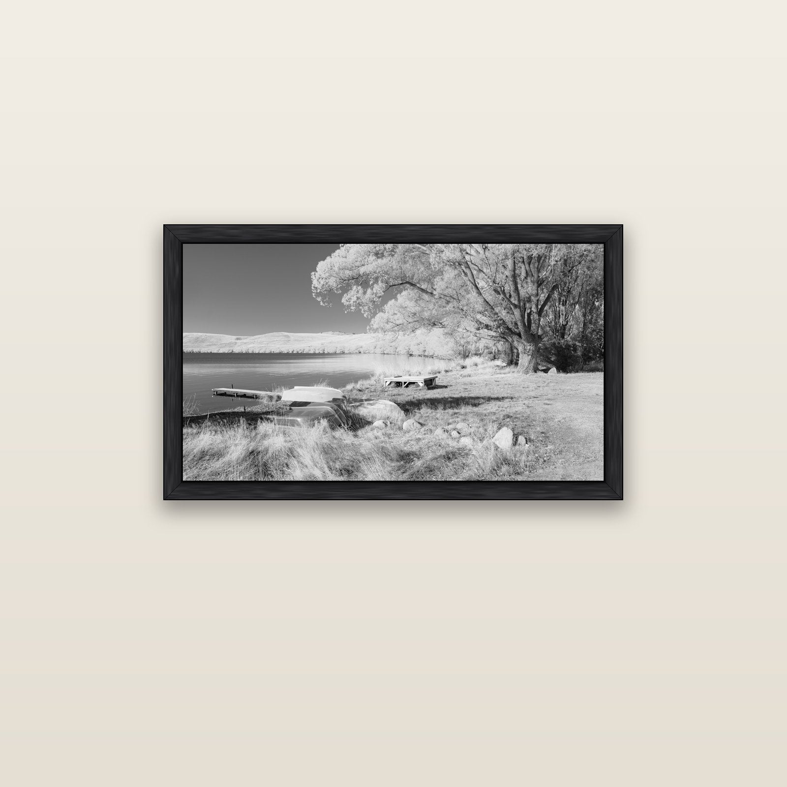 Beneath the Willows, Lake Alexandrina — black float frame canvas, 91 × 51 cm. New Zealand fine art landscape wall art by Stephen Milner.