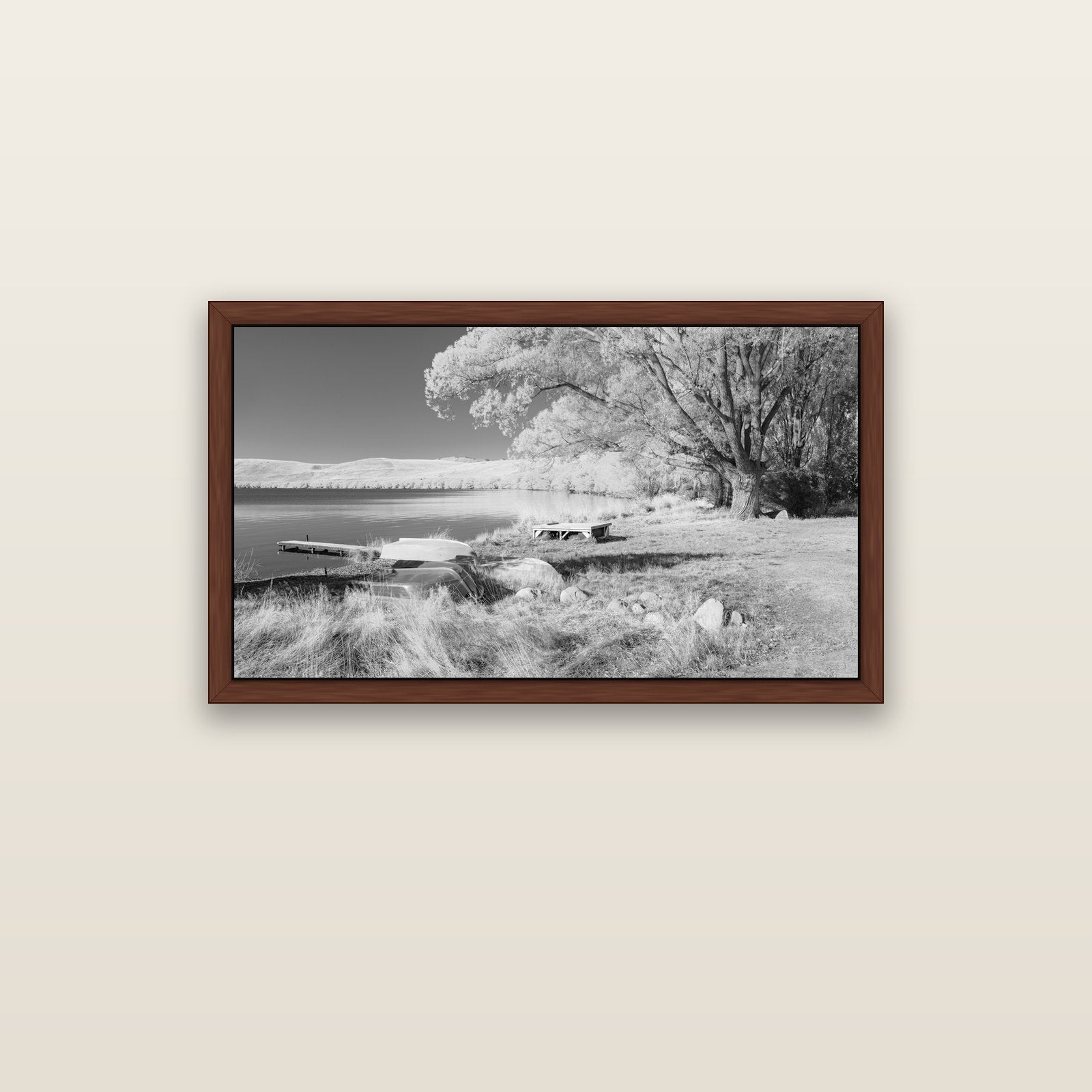 Beneath the Willows, Lake Alexandrina — brown float frame canvas, 102 × 56 cm. New Zealand fine art landscape wall art by Stephen Milner.