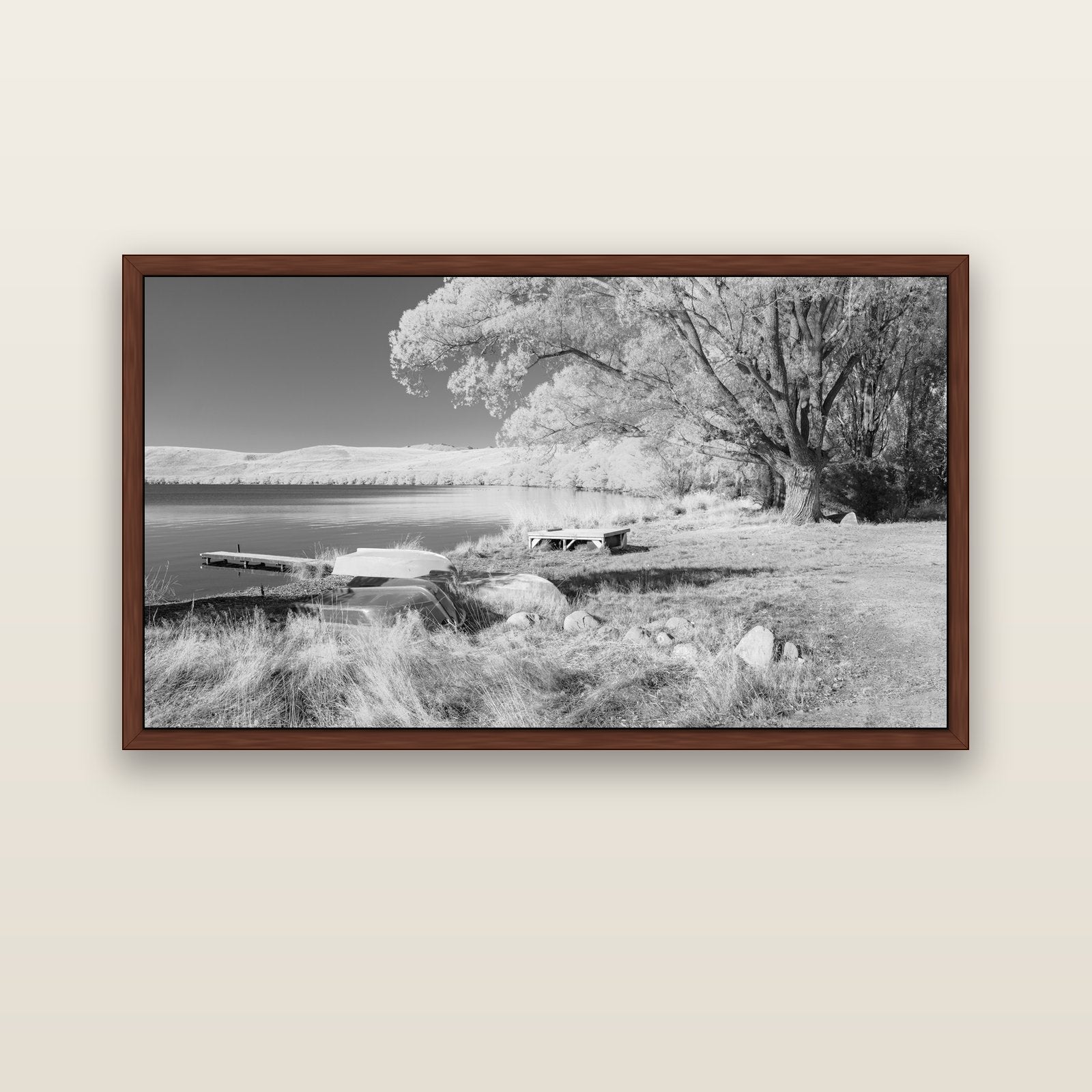 Beneath the Willows, Lake Alexandrina — brown float frame canvas, 152 × 86 cm. New Zealand fine art landscape wall art by Stephen Milner.