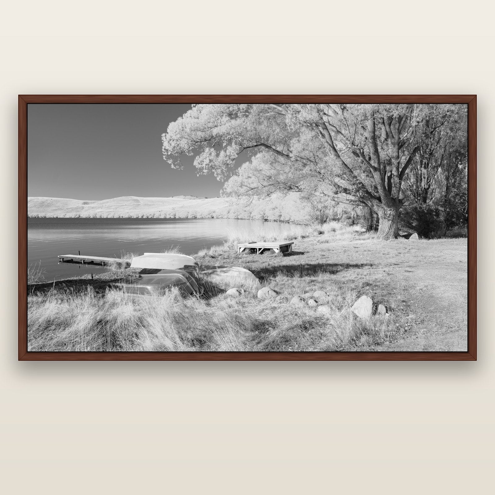 Beneath the Willows, Lake Alexandrina — brown float frame canvas, 200 × 130 cm. New Zealand fine art landscape wall art by Stephen Milner.