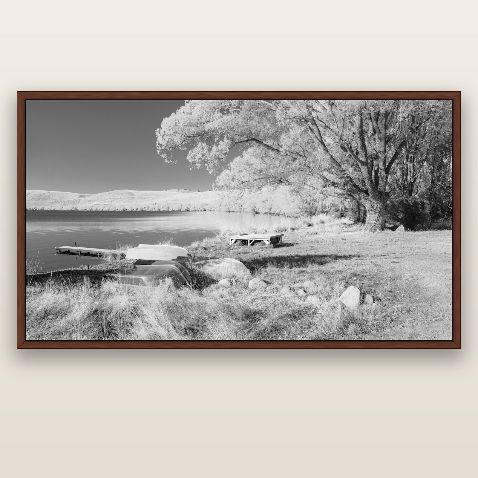 Beneath the Willows, Lake Alexandrina — brown float frame canvas, 201 × 99 cm. New Zealand fine art landscape wall art by Stephen Milner.
