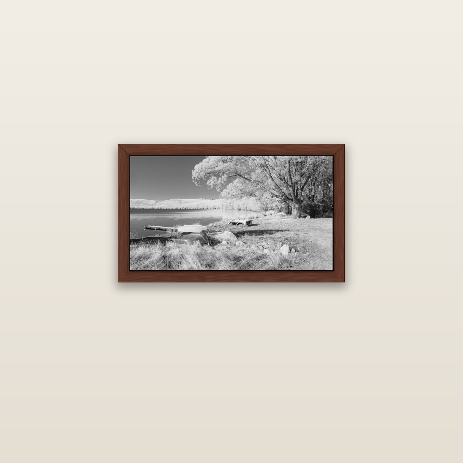 Beneath the Willows, Lake Alexandrina — brown float frame canvas, 61 × 36 cm. New Zealand fine art landscape wall art by Stephen Milner.
