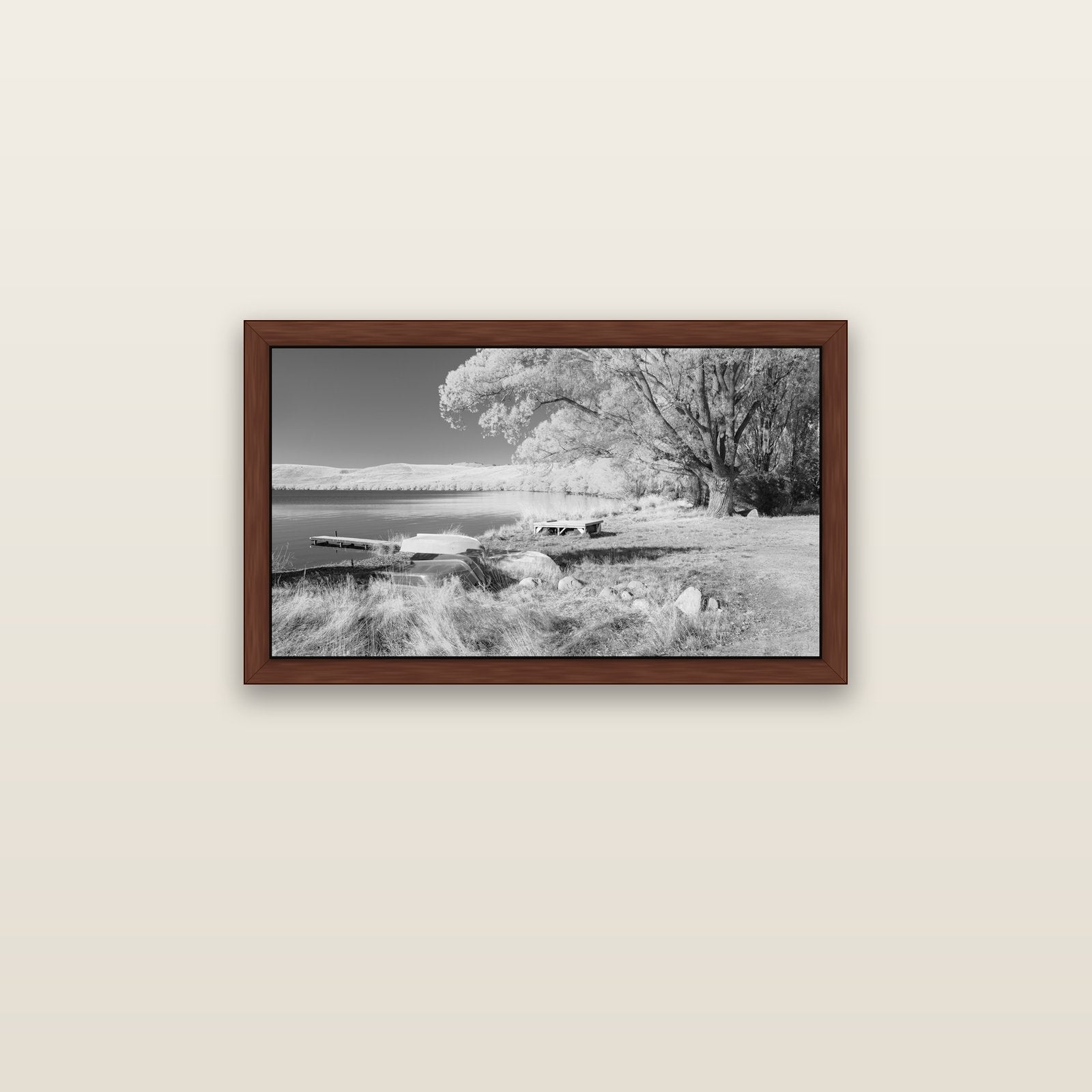 Beneath the Willows, Lake Alexandrina — brown float frame canvas, 81 × 46 cm. New Zealand fine art landscape wall art by Stephen Milner.
