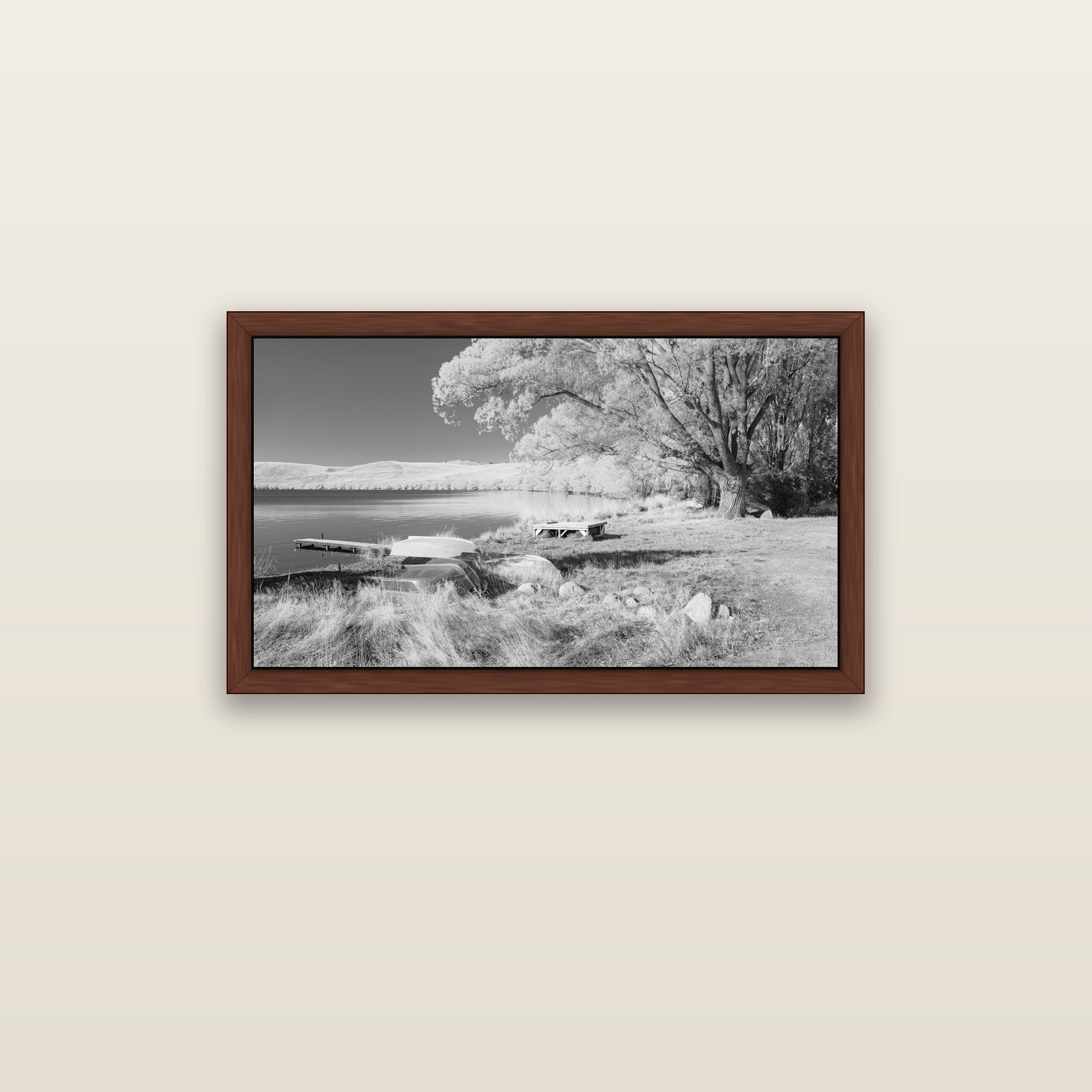 Beneath the Willows, Lake Alexandrina — brown float frame canvas, 91 × 51 cm. New Zealand fine art landscape wall art by Stephen Milner.