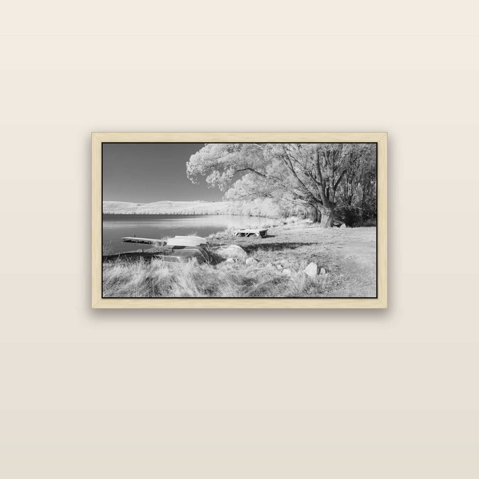 Beneath the Willows, Lake Alexandrina — natural float frame canvas, 102 × 56 cm. New Zealand fine art landscape wall art by Stephen Milner.