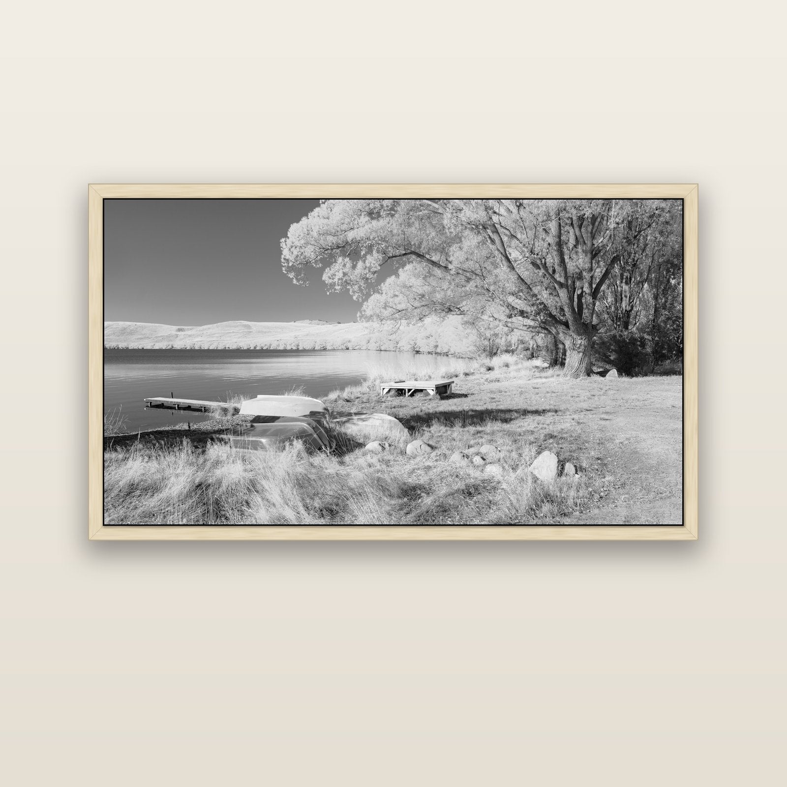 Beneath the Willows, Lake Alexandrina — natural float frame canvas, 152 × 86 cm. New Zealand fine art landscape wall art by Stephen Milner.