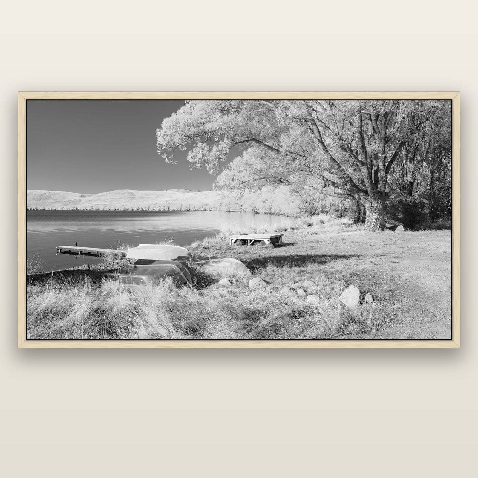 Beneath the Willows, Lake Alexandrina — natural float frame canvas, 200 × 130 cm. New Zealand fine art landscape wall art by Stephen Milner.