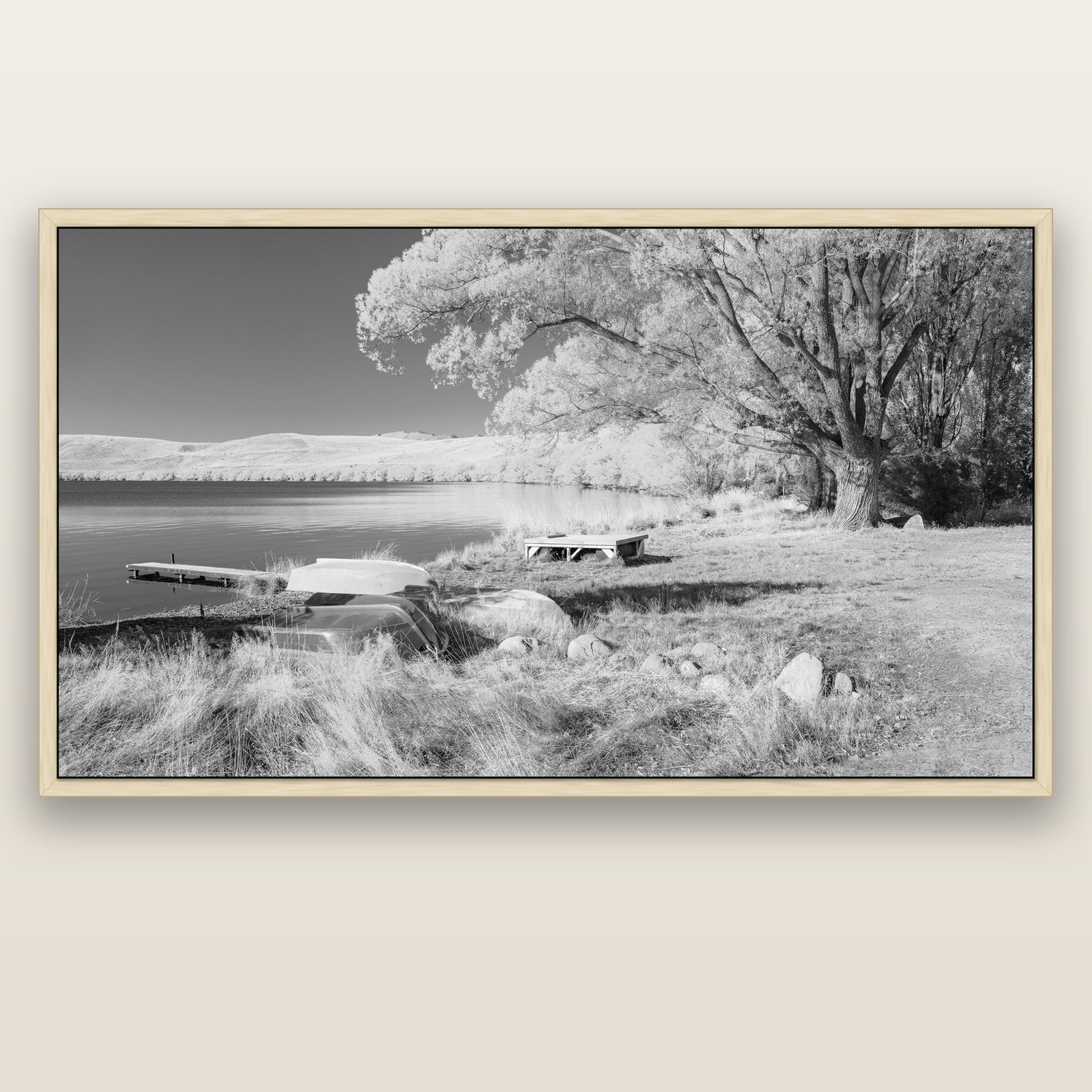Beneath the Willows, Lake Alexandrina — natural float frame canvas, 201 × 99 cm. New Zealand fine art landscape wall art by Stephen Milner.