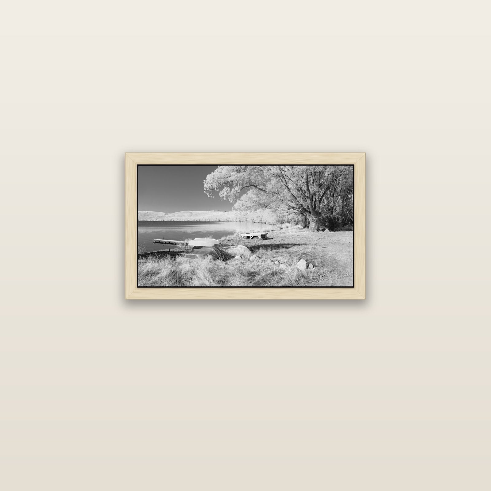 Beneath the Willows, Lake Alexandrina — natural float frame canvas, 61 × 36 cm. New Zealand fine art landscape wall art by Stephen Milner.