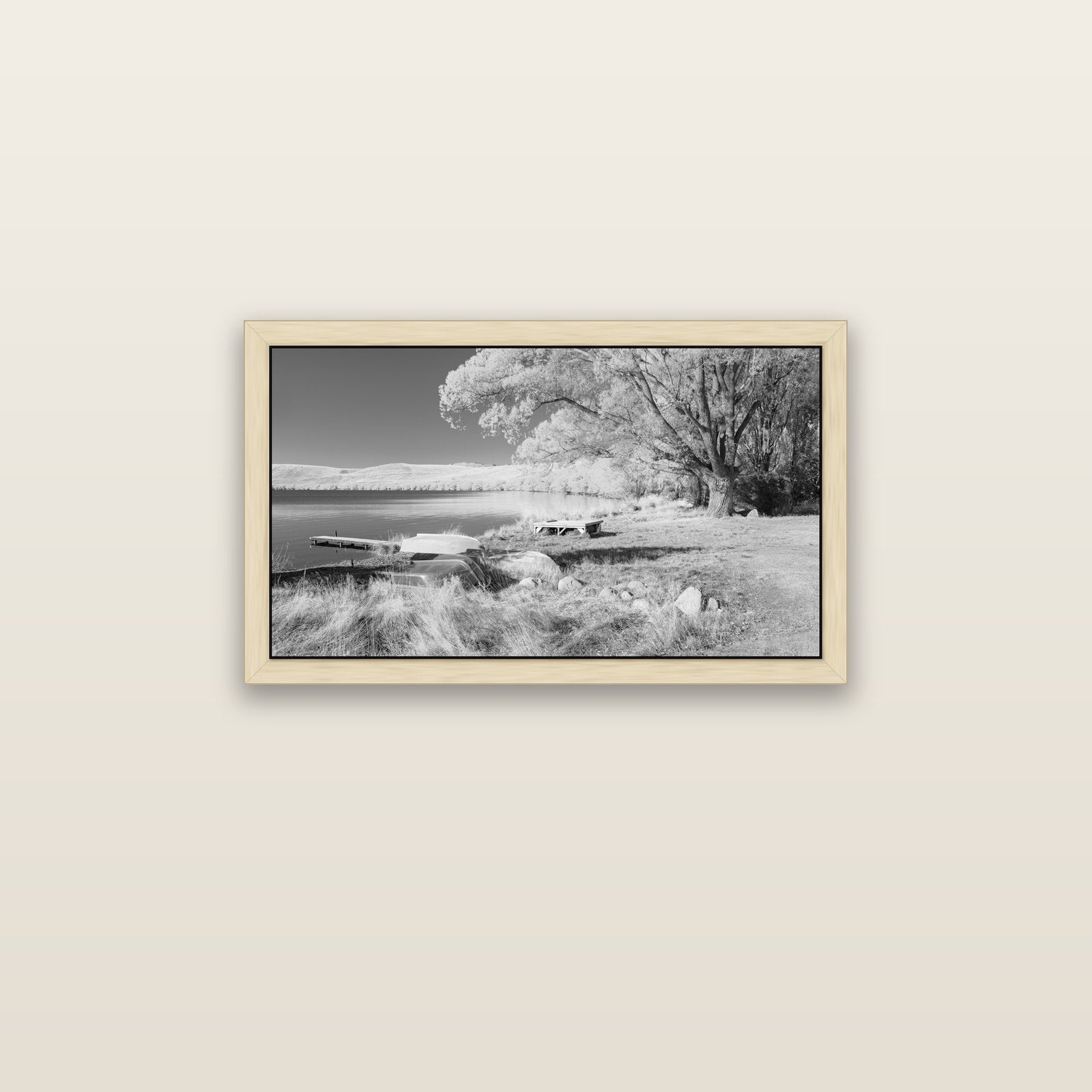 Beneath the Willows, Lake Alexandrina — natural float frame canvas, 81 × 46 cm. New Zealand fine art landscape wall art by Stephen Milner.
