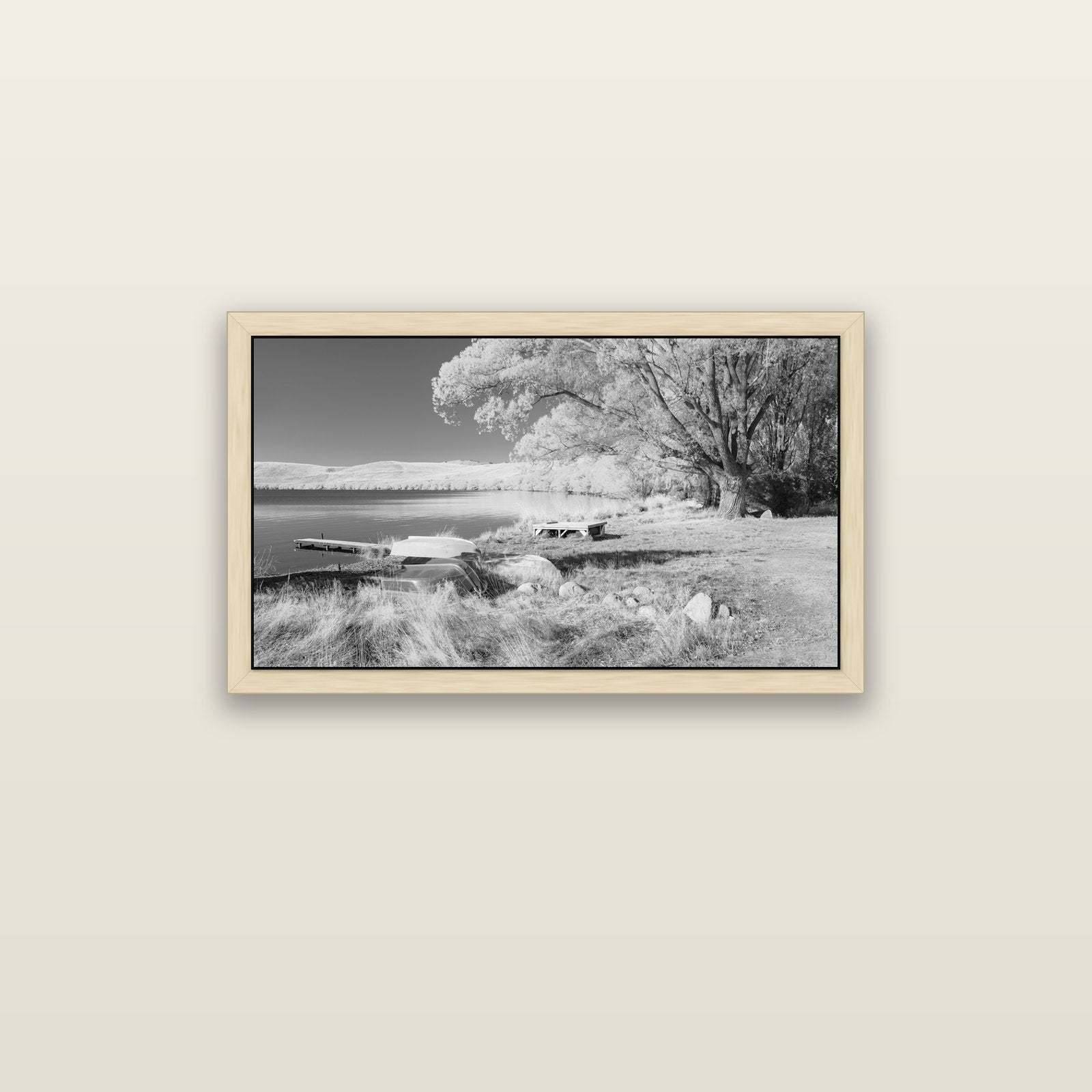 Beneath the Willows, Lake Alexandrina — natural float frame canvas, 91 × 51 cm. New Zealand fine art landscape wall art by Stephen Milner.