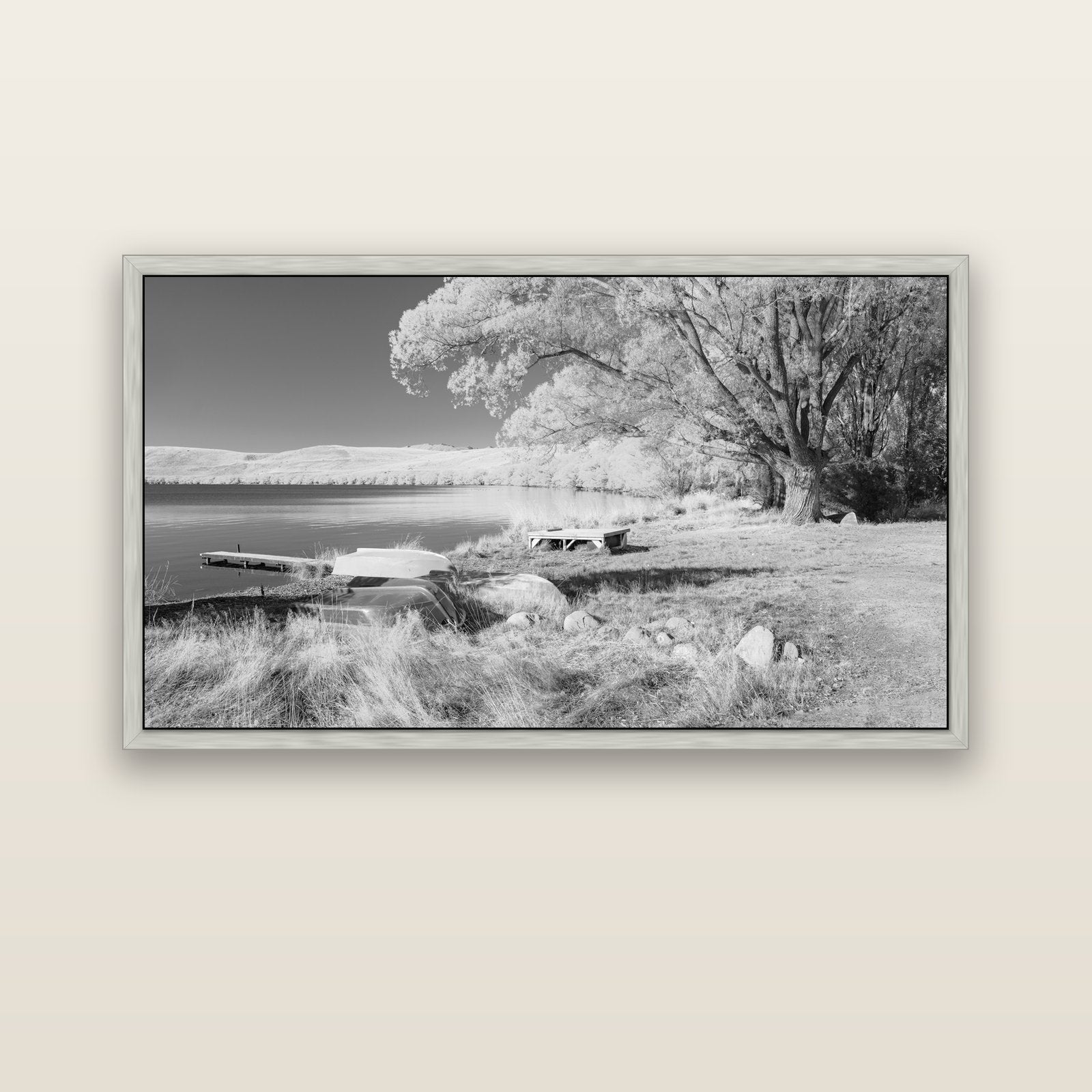 Beneath the Willows, Lake Alexandrina — silver float frame canvas, 152 × 86 cm. New Zealand fine art landscape wall art by Stephen Milner.