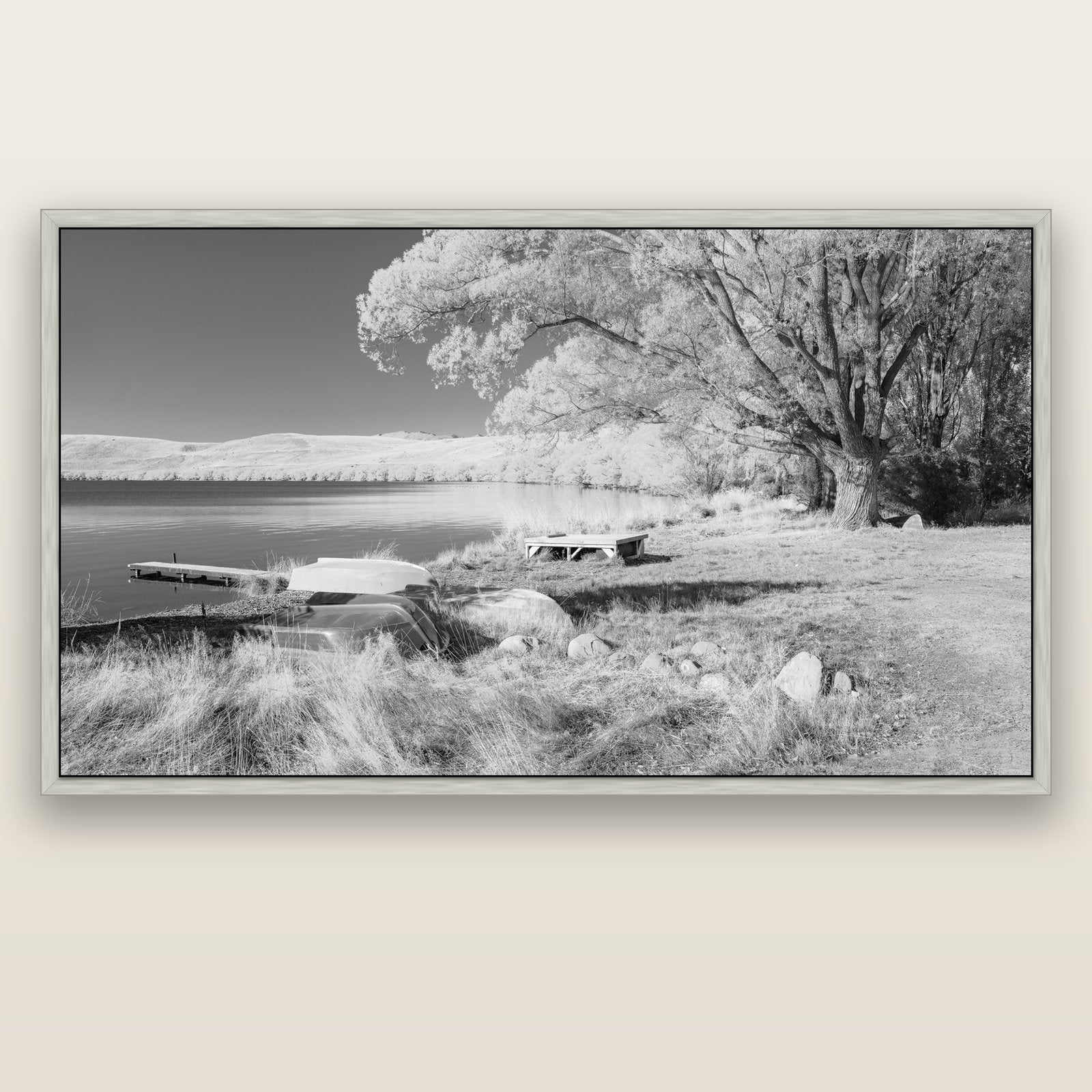 Beneath the Willows, Lake Alexandrina — silver float frame canvas, 200 × 130 cm. New Zealand fine art landscape wall art by Stephen Milner.