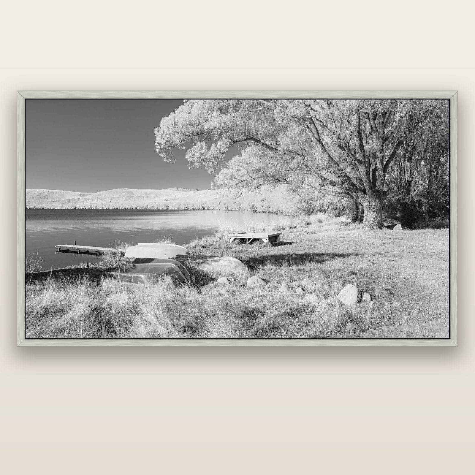 Beneath the Willows, Lake Alexandrina — silver float frame canvas, 201 × 99 cm. New Zealand fine art landscape wall art by Stephen Milner.