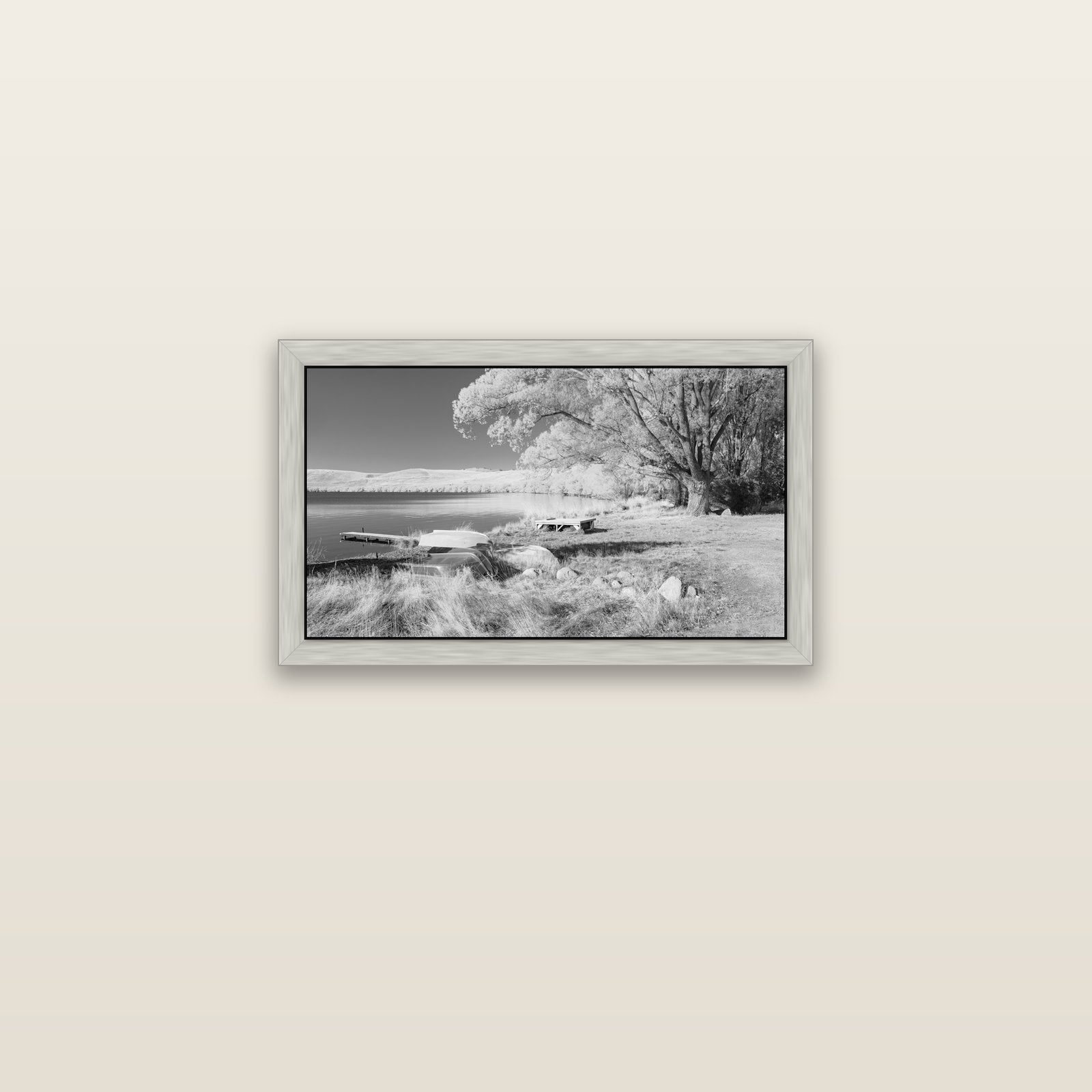 Beneath the Willows, Lake Alexandrina — silver float frame canvas, 61 × 36 cm. New Zealand fine art landscape wall art by Stephen Milner.