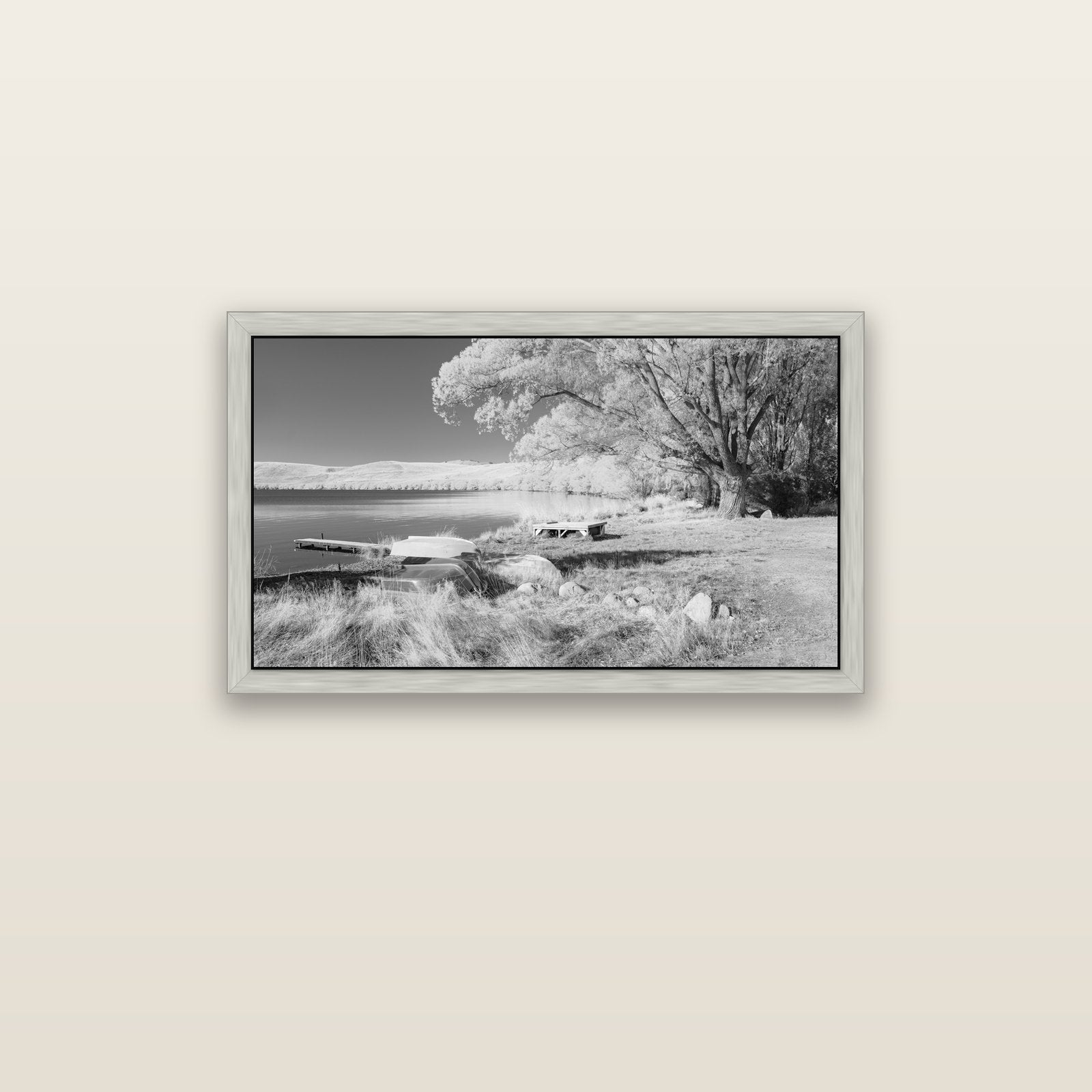 Beneath the Willows, Lake Alexandrina — silver float frame canvas, 91 × 51 cm. New Zealand fine art landscape wall art by Stephen Milner.