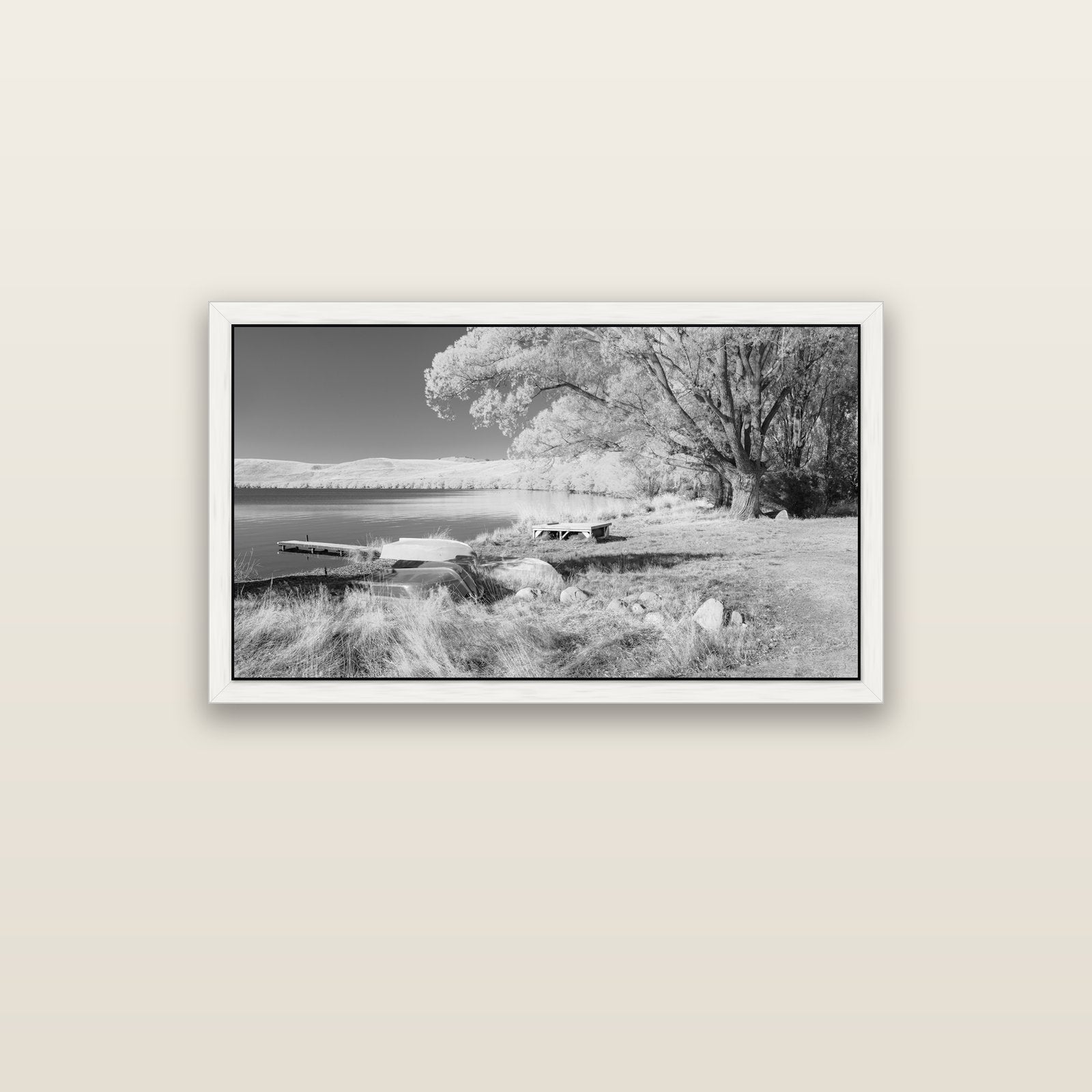 Beneath the Willows, Lake Alexandrina — white float frame canvas, 102 × 56 cm. New Zealand fine art landscape wall art by Stephen Milner.