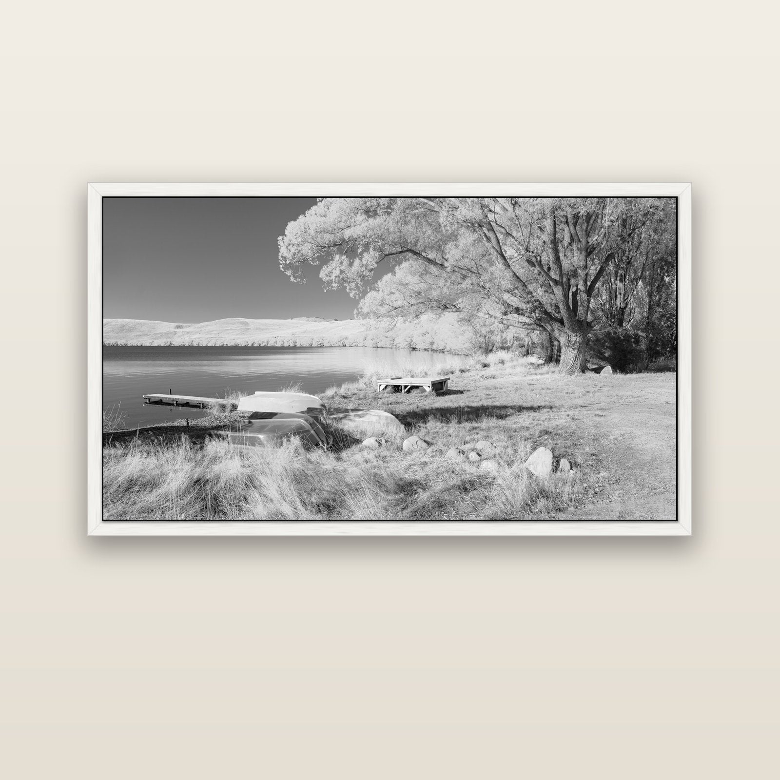 Beneath the Willows, Lake Alexandrina — white float frame canvas, 152 × 86 cm. New Zealand fine art landscape wall art by Stephen Milner.