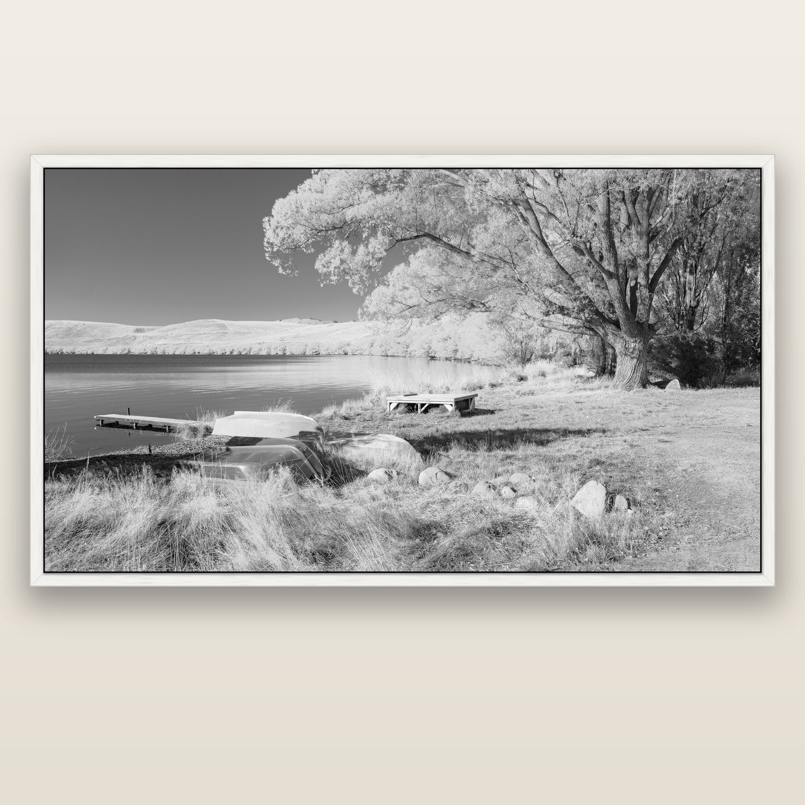 Beneath the Willows, Lake Alexandrina — white float frame canvas, 200 × 130 cm. New Zealand fine art landscape wall art by Stephen Milner.