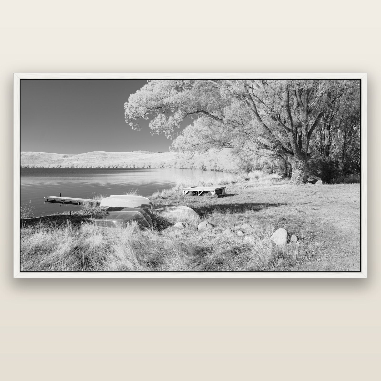 Beneath the Willows, Lake Alexandrina — white float frame canvas, 201 × 99 cm. New Zealand fine art landscape wall art by Stephen Milner.