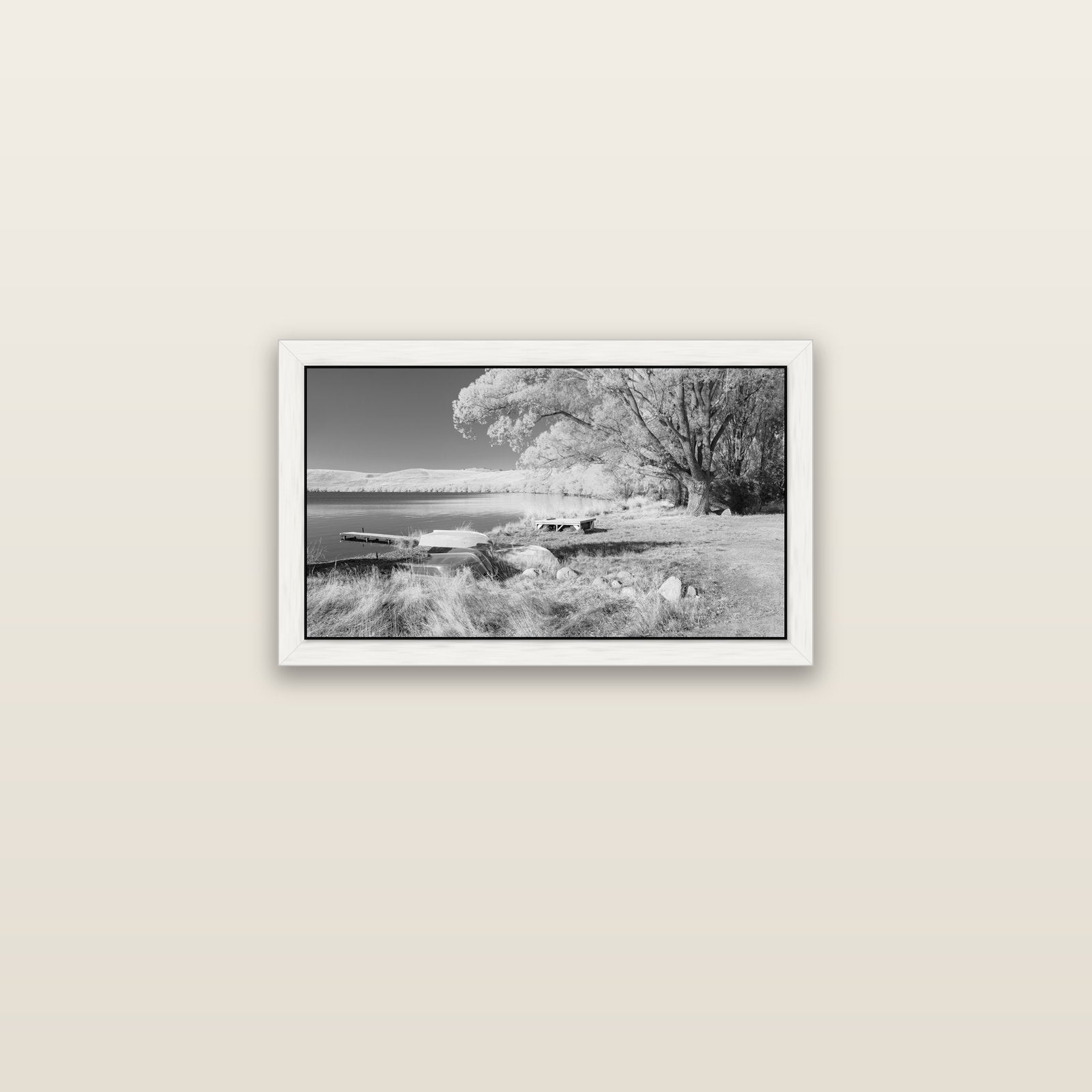 Beneath the Willows, Lake Alexandrina — white float frame canvas, 61 × 36 cm. New Zealand fine art landscape wall art by Stephen Milner.