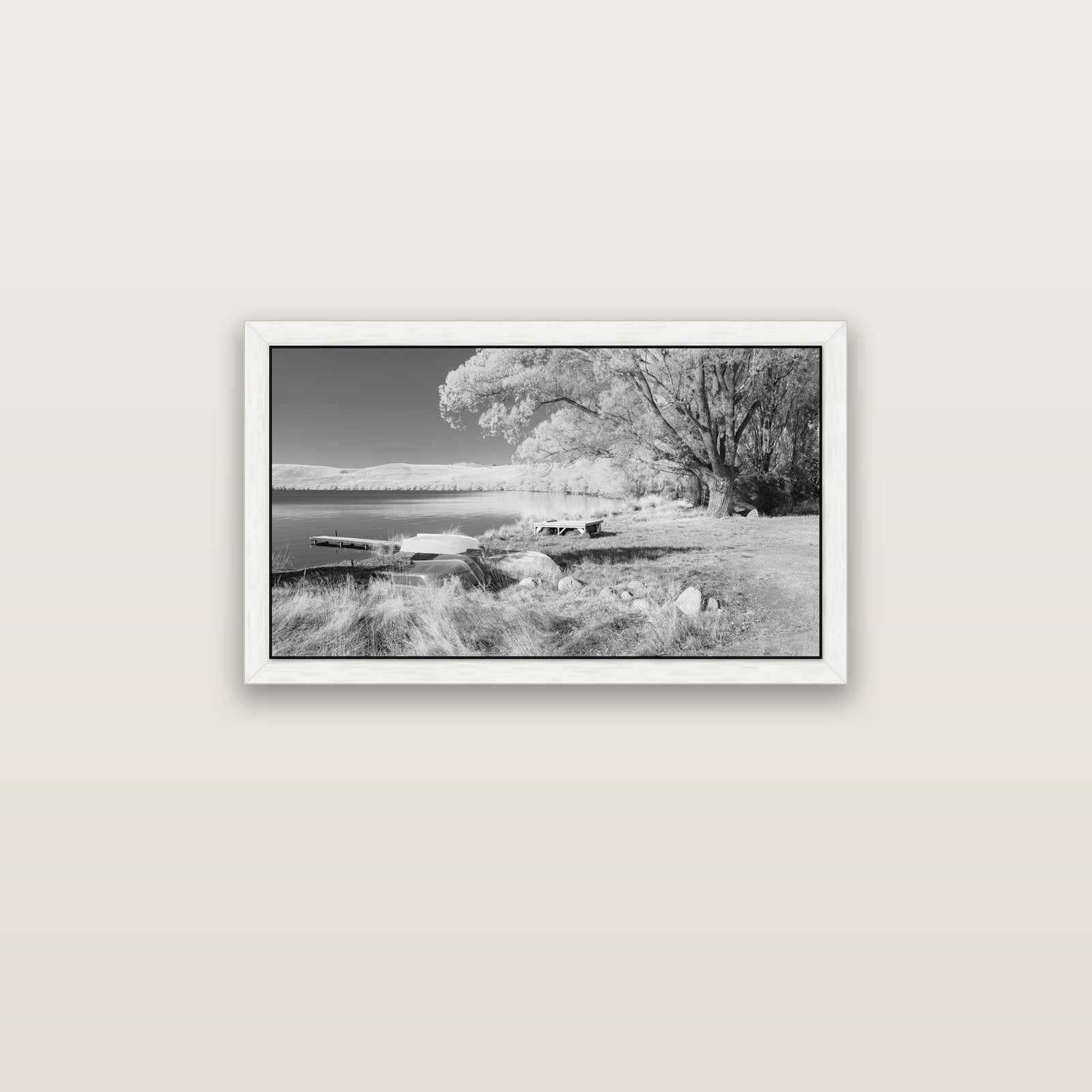 Beneath the Willows, Lake Alexandrina — white float frame canvas, 81 × 46 cm. New Zealand fine art landscape wall art by Stephen Milner.