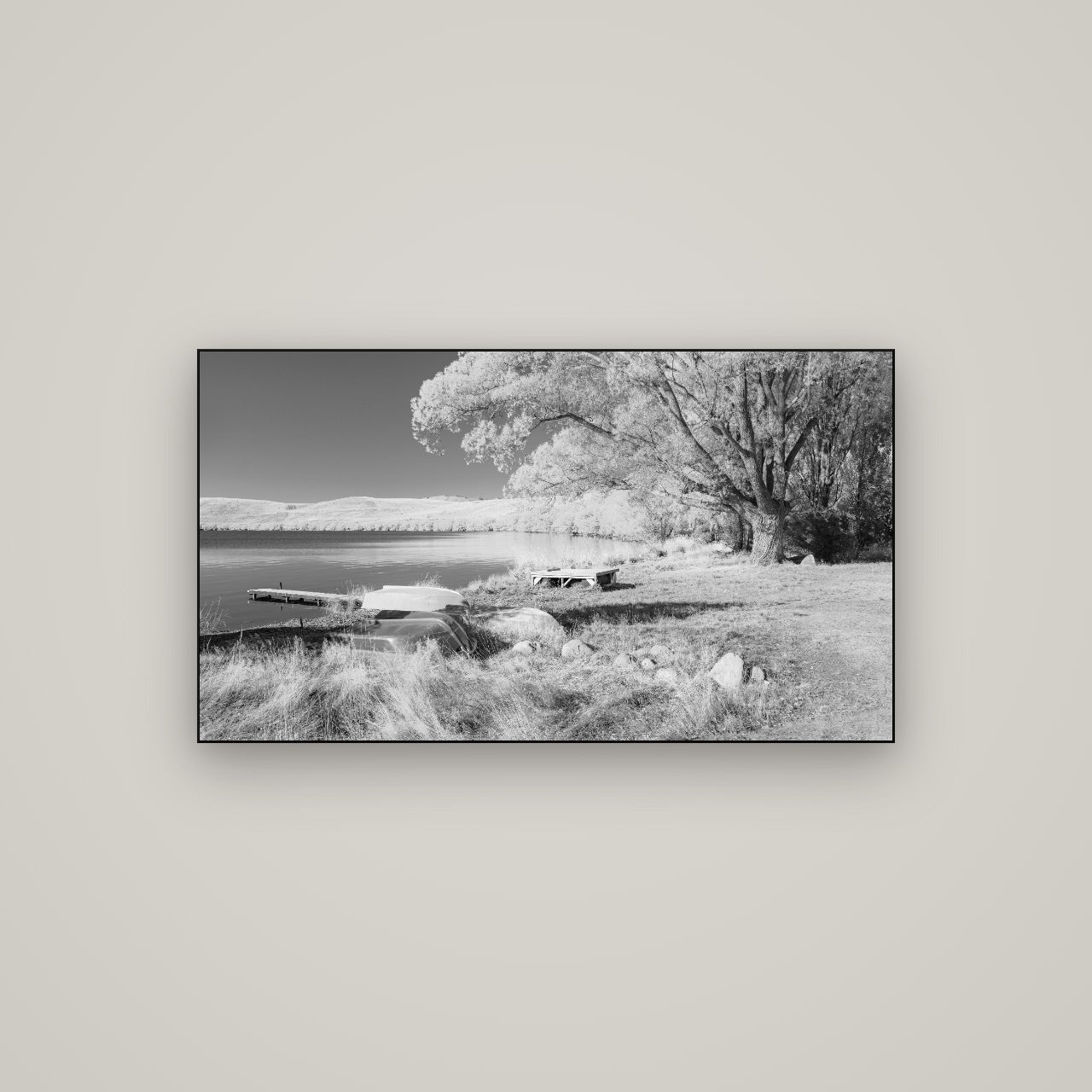 Beneath the Willows, Lake Alexandrina — Slimline Black, 107×60 cm. New Zealand fine art wall art by Stephen Milner.