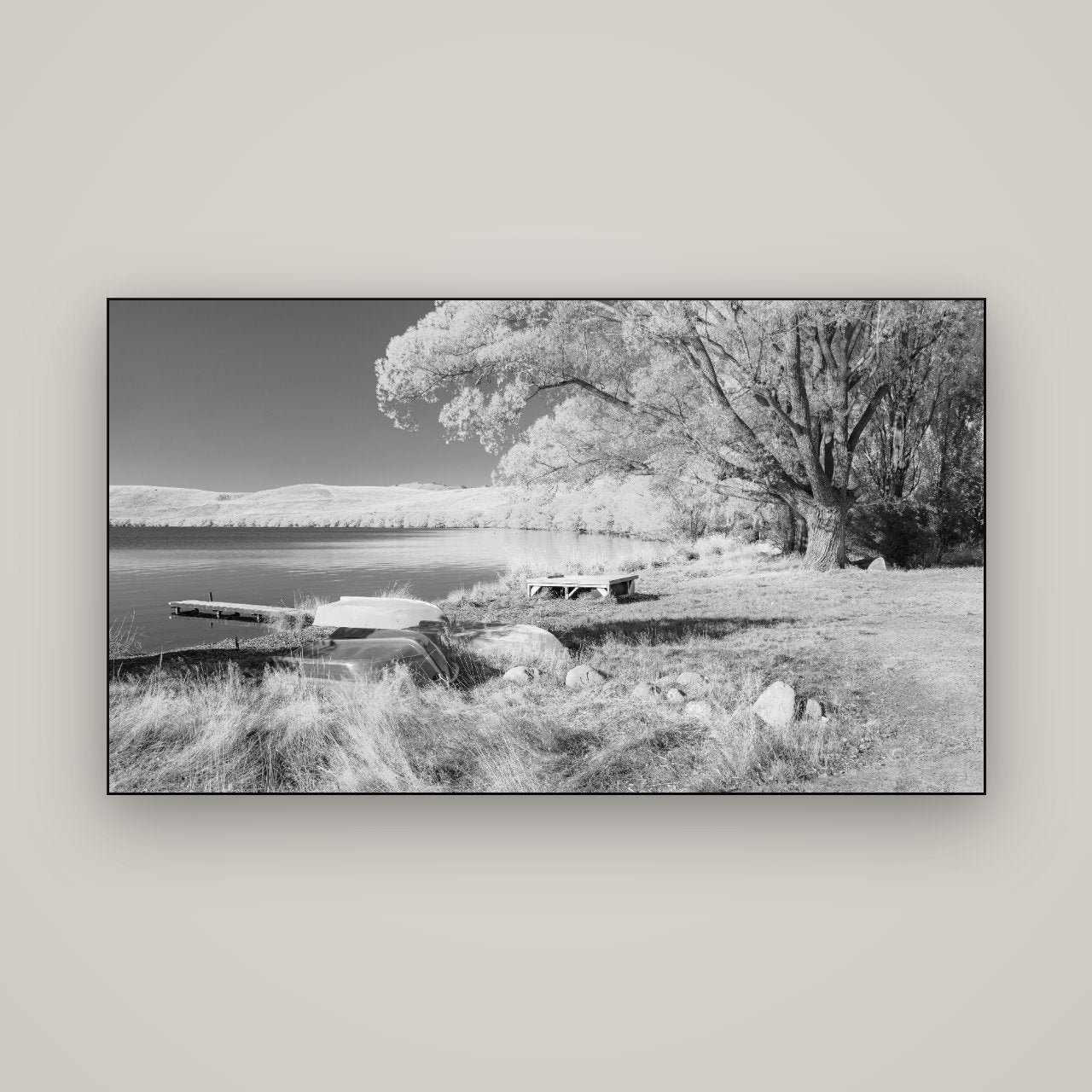 Beneath the Willows, Lake Alexandrina — Slimline Black, 160×90 cm. New Zealand fine art wall art by Stephen Milner.