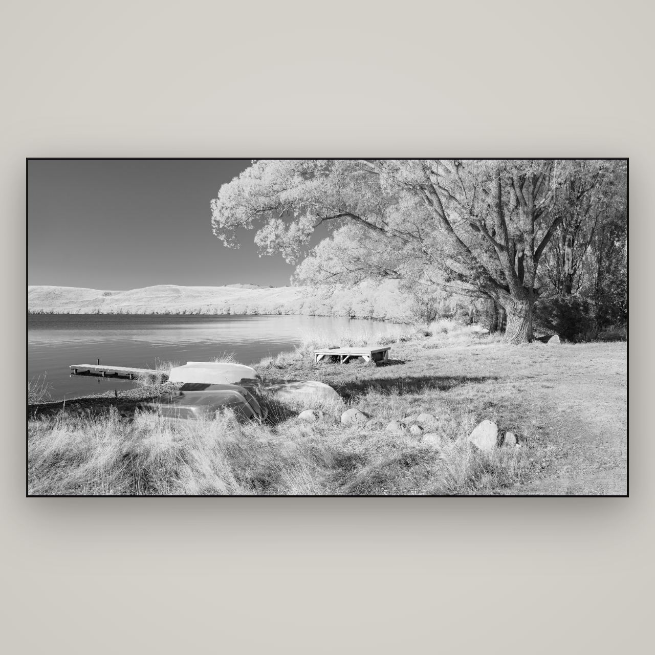 Beneath the Willows, Lake Alexandrina — Slimline Black, 196×110 cm. New Zealand fine art wall art by Stephen Milner.