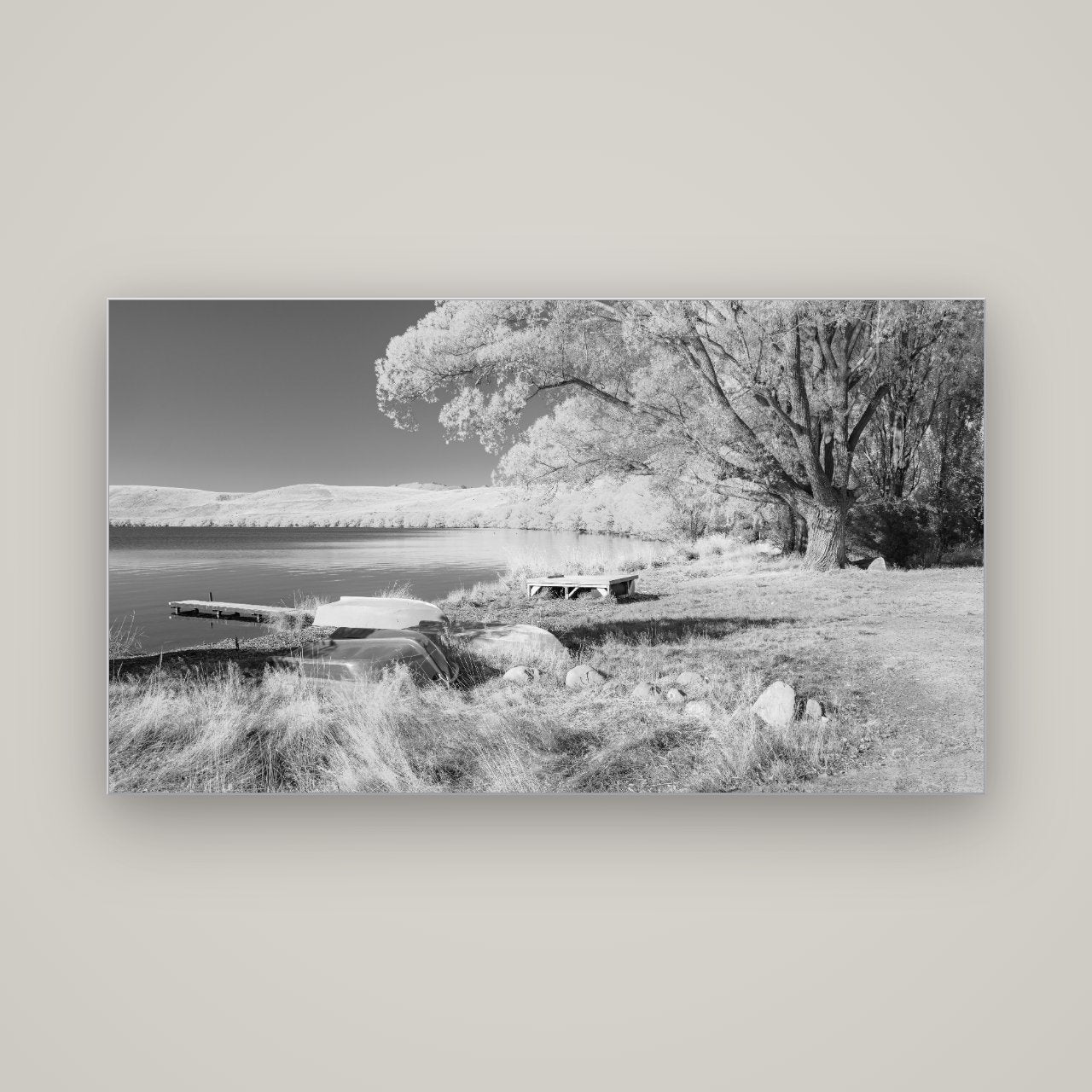 Beneath the Willows, Lake Alexandrina — Slimline Silver, 160×90 cm. New Zealand fine art wall art by Stephen Milner.
