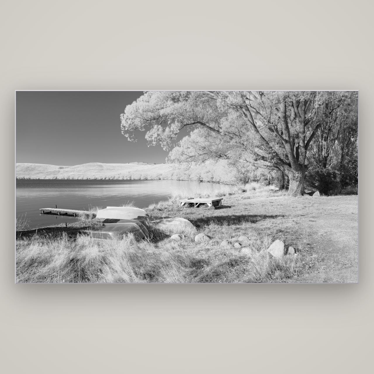 Beneath the Willows, Lake Alexandrina — Slimline Silver, 196×110 cm. New Zealand fine art wall art by Stephen Milner.