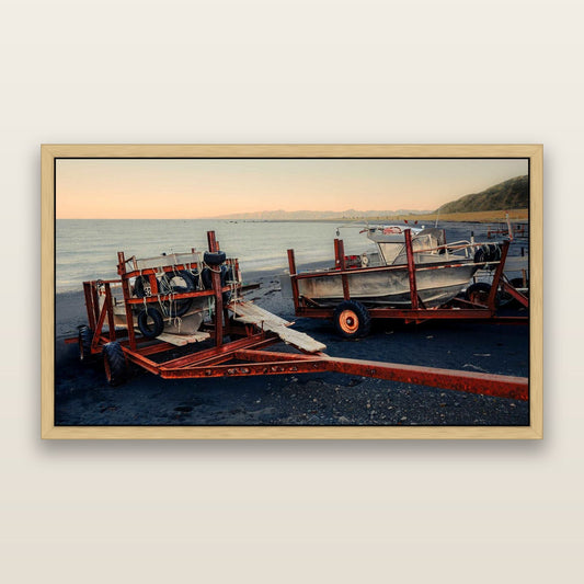 Boats in the Bay, Cape Palliser — framed metallic canvas print, Natural frame. New Zealand fine art landscape wall art by Stephen Milner.
