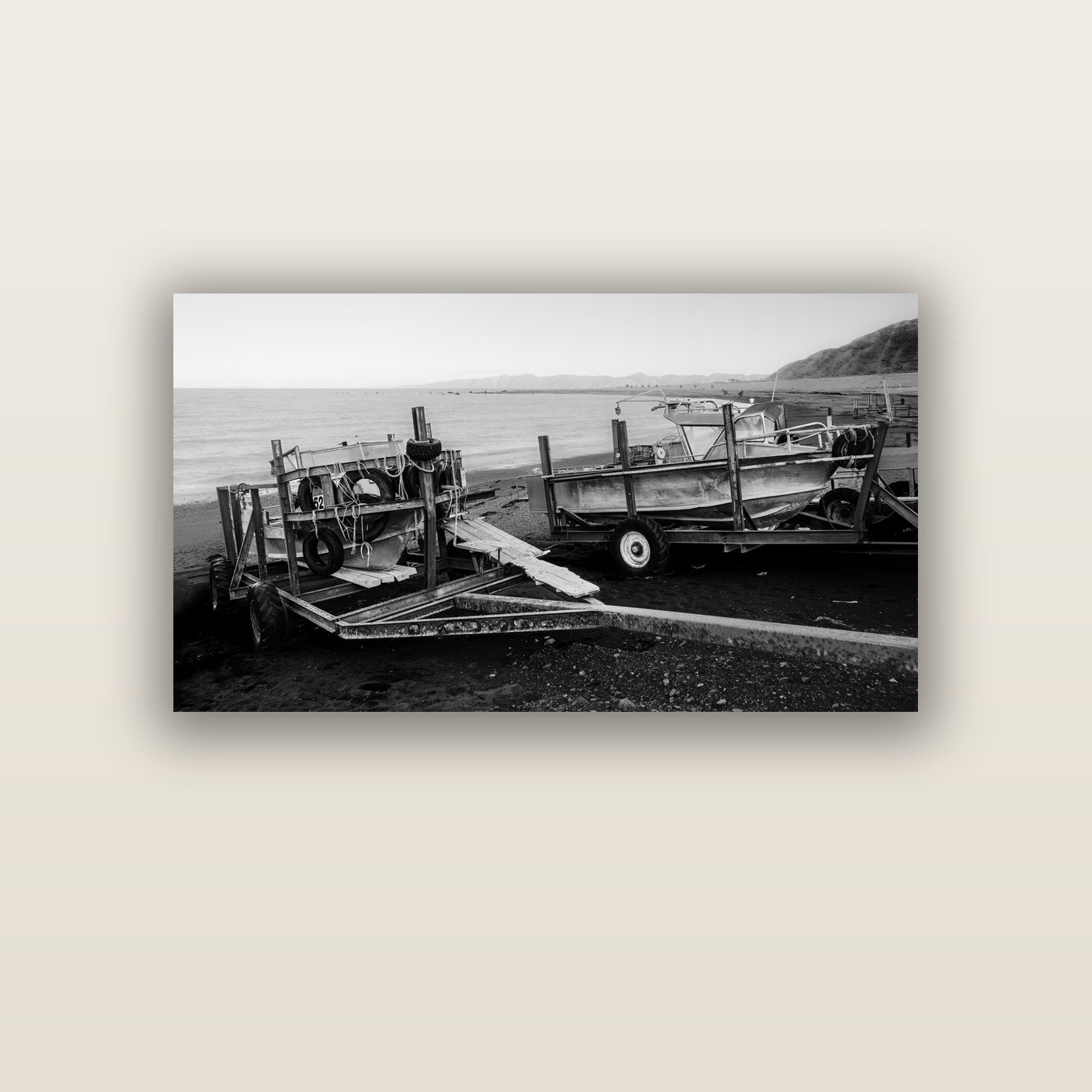 Boats in the Bay, Cape Palliser — acrylic glass print, 122 × 61 cm. New Zealand fine art landscape wall art by Stephen Milner.