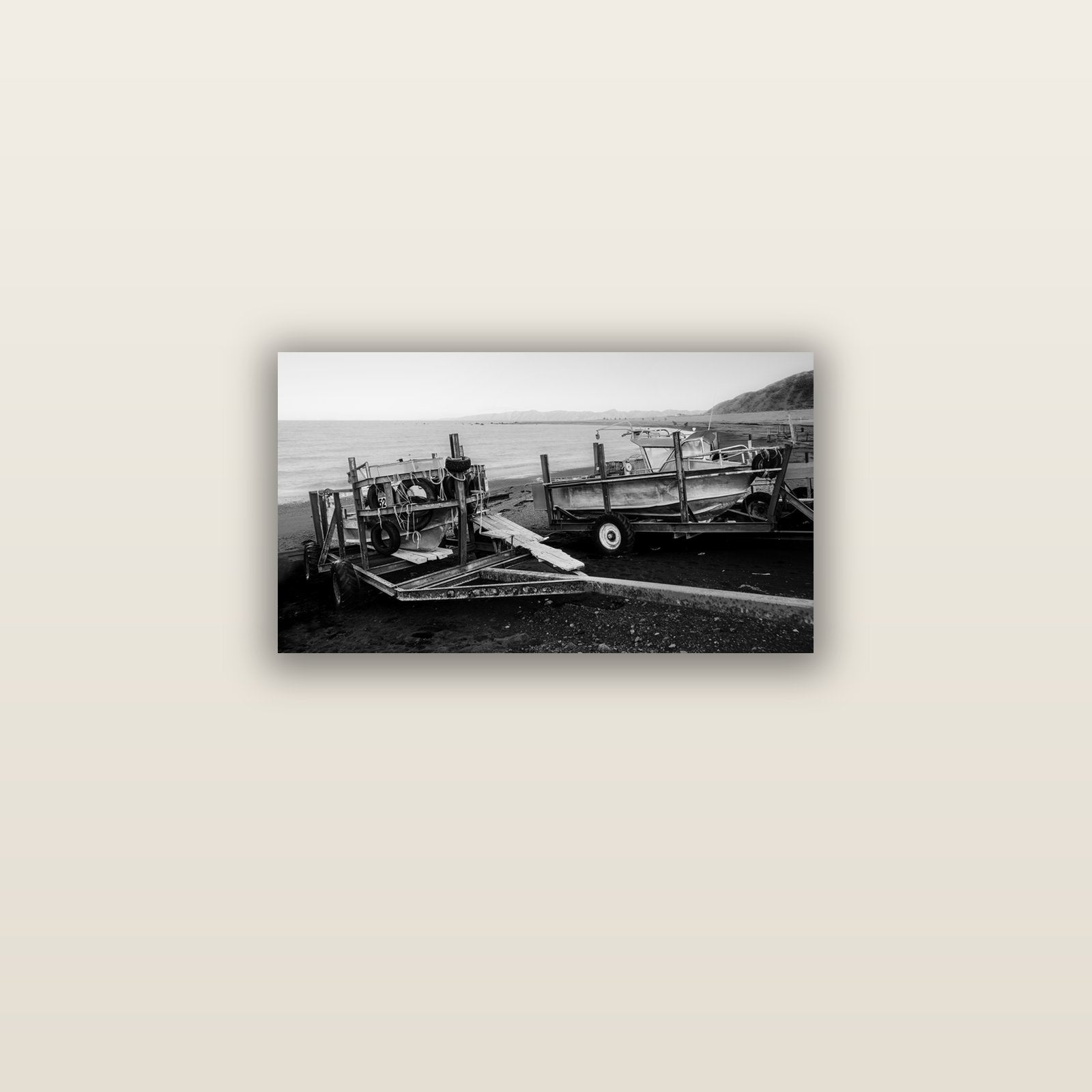 Boats in the Bay, Cape Palliser — acrylic glass print, 61 × 30 cm. New Zealand fine art landscape wall art by Stephen Milner.